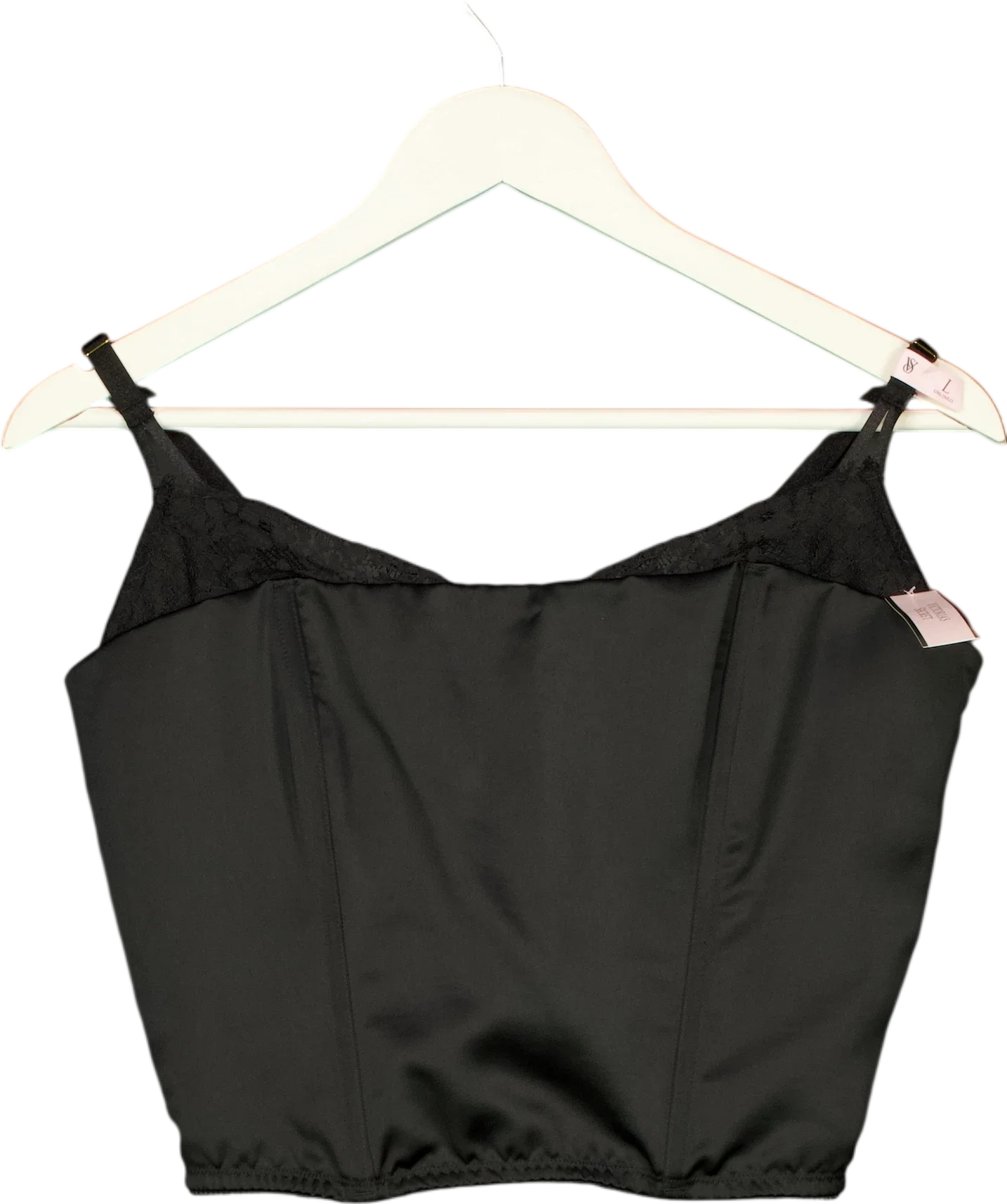 Victoria's Secret Black Black Satin Lace Trim Corset Top, size UK L — front