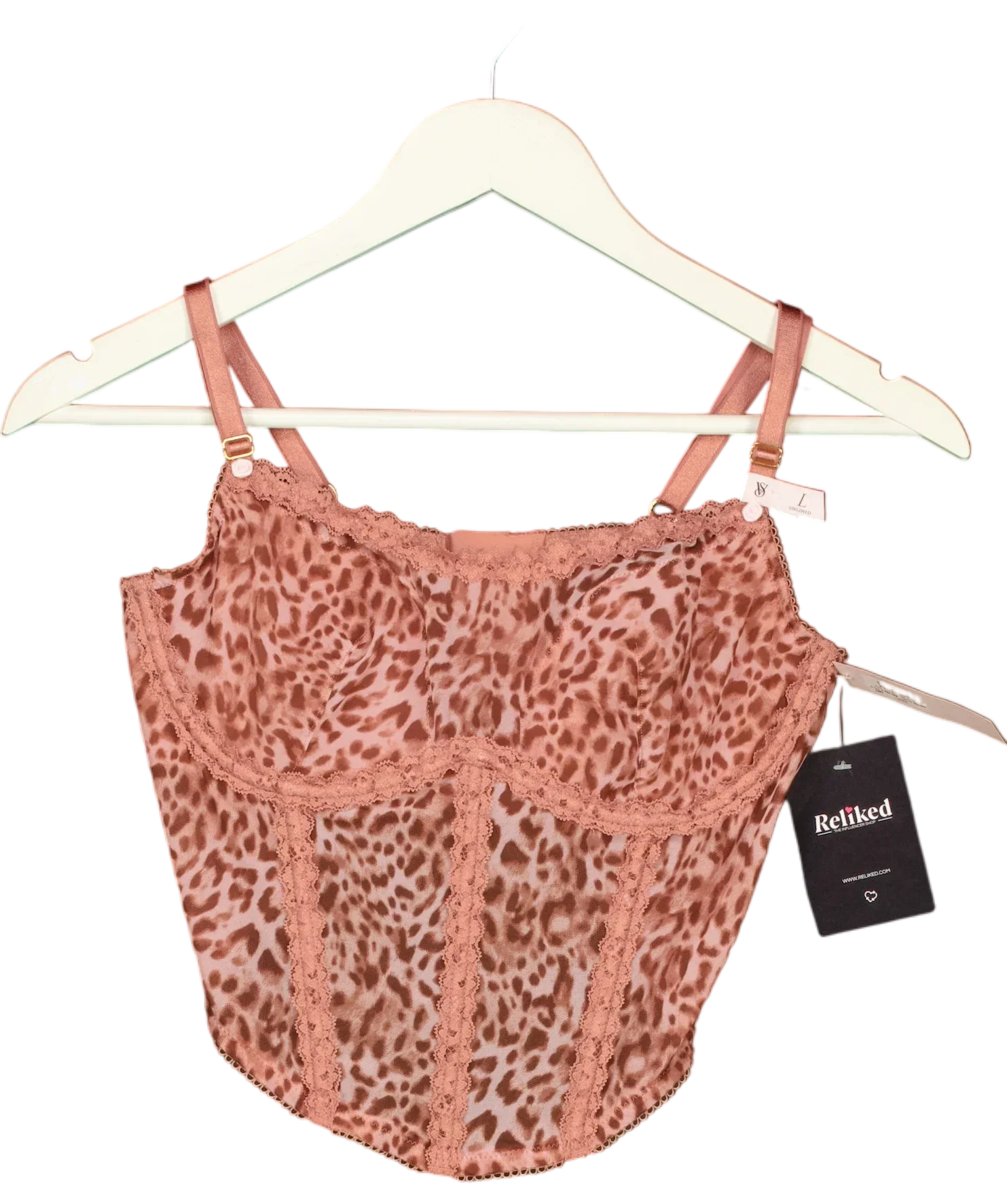 Victoria's Secret Pink Dream Angels Angel Pink Leopard Mesh Corset Top, size UK L — front