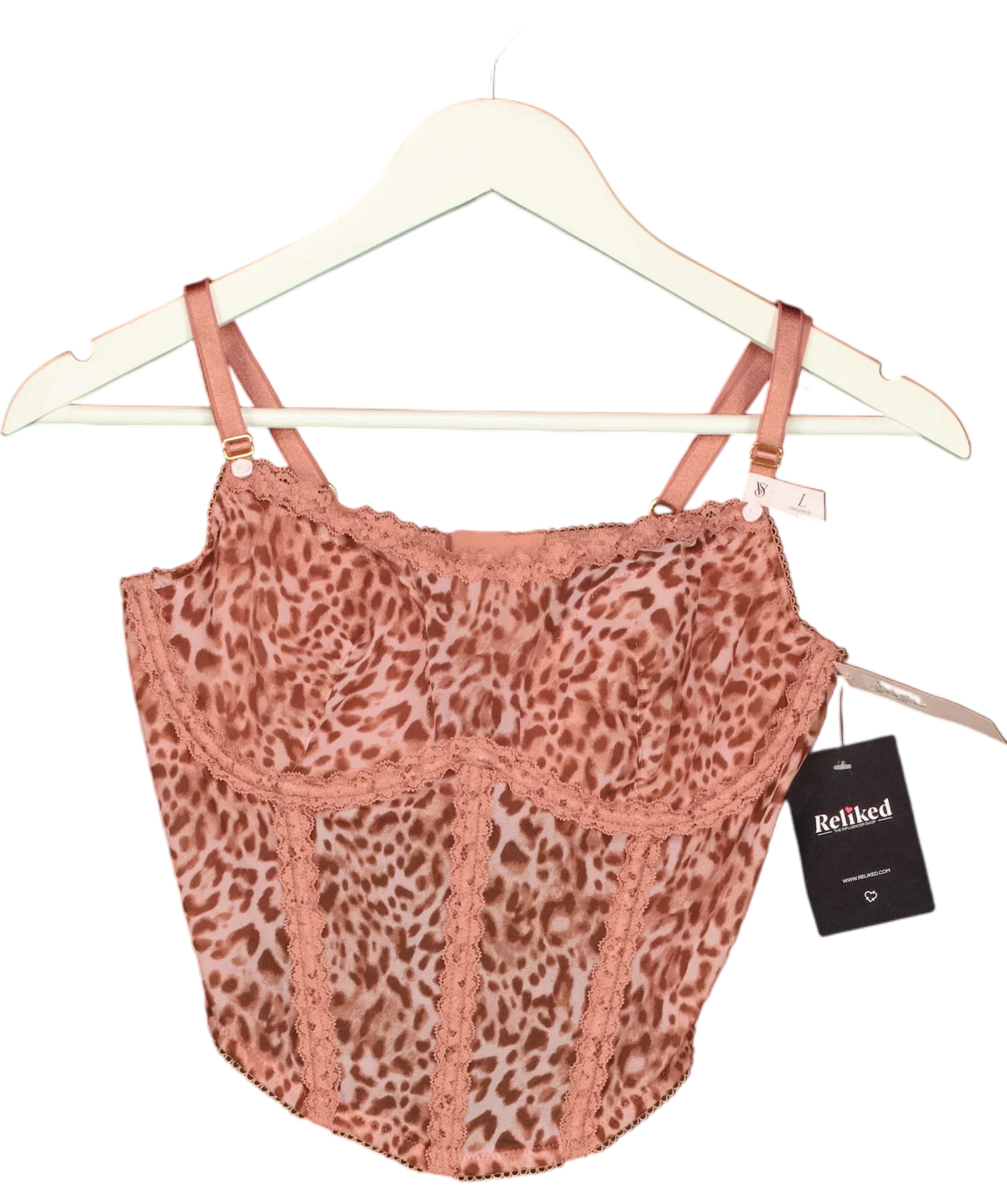 Victoria's Secret Pink Dream Angels Angel Pink Leopard Mesh Corset Top, size UK L — front