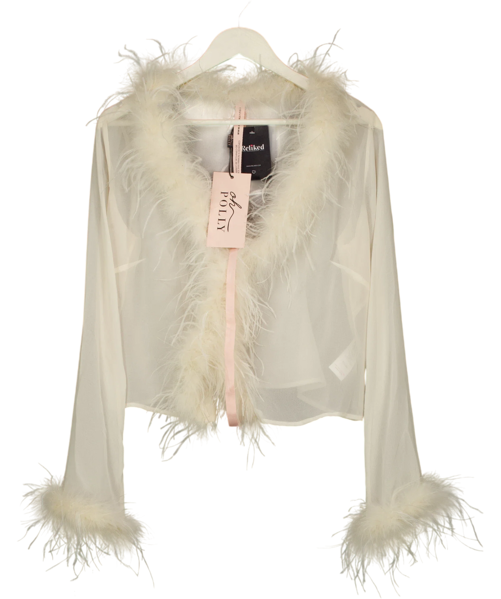 OH POLLY White Elisia Feather Trim Sheer Top Ivory  CREAM, size UK 16 — front