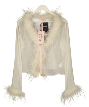 OH POLLY White Elisia Feather Trim Sheer Top Ivory  Cream UK 16