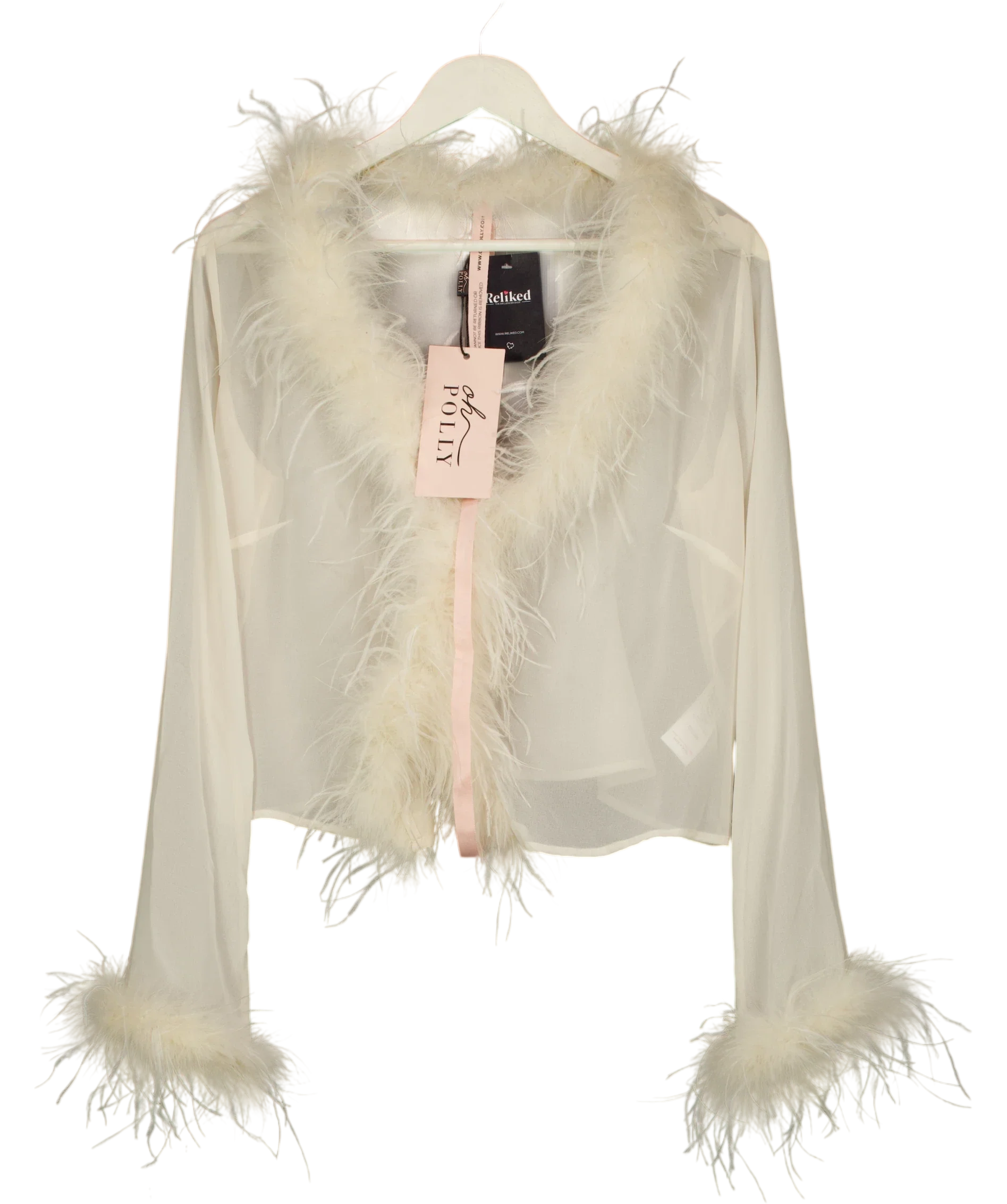OH POLLY White Elisia Feather Trim Sheer Top Ivory  CREAM, size UK 16 — front