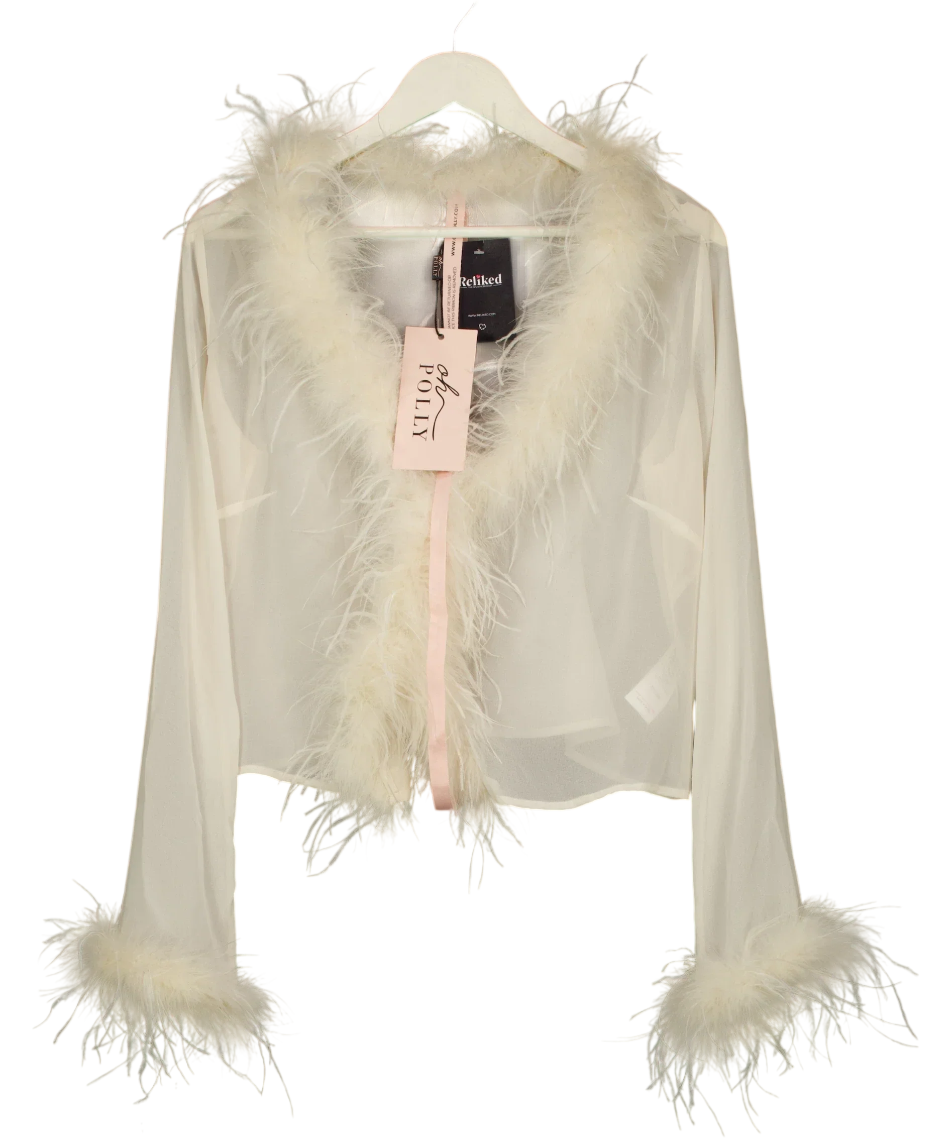 OH POLLY White Elisia Feather Trim Sheer Top Ivory  CREAM, size UK 16 — front