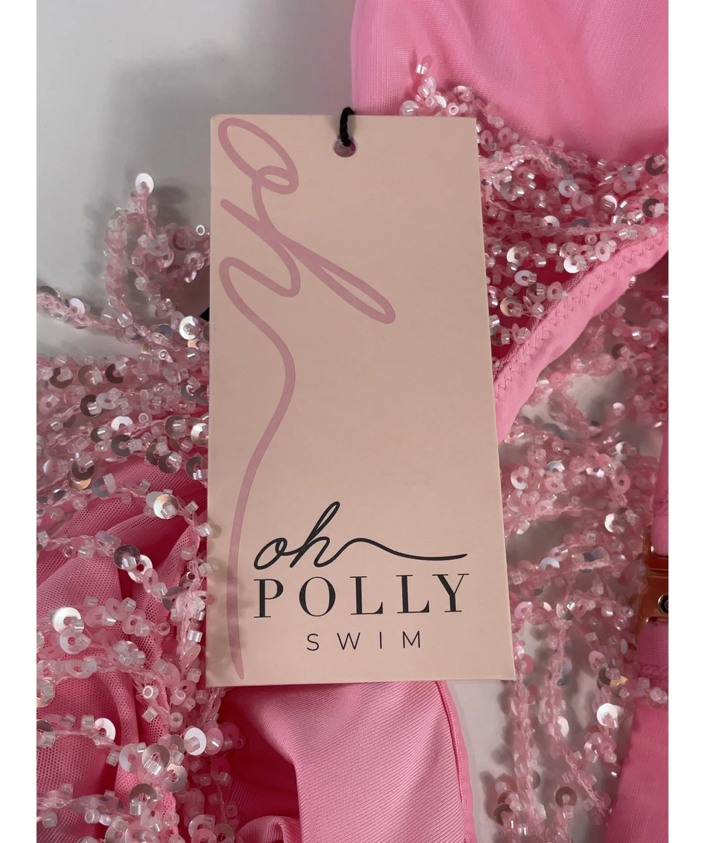 OH POLLY Pink Aerin Fringed Sequin Bralette Candyfloss Pink, size UK 18 — detail