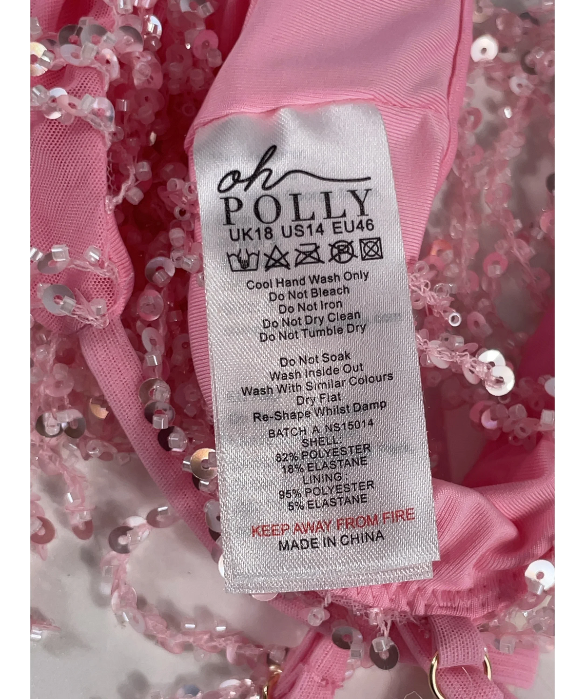 OH POLLY Pink Aerin Fringed Sequin Bralette Candyfloss Pink, size UK 18 — label