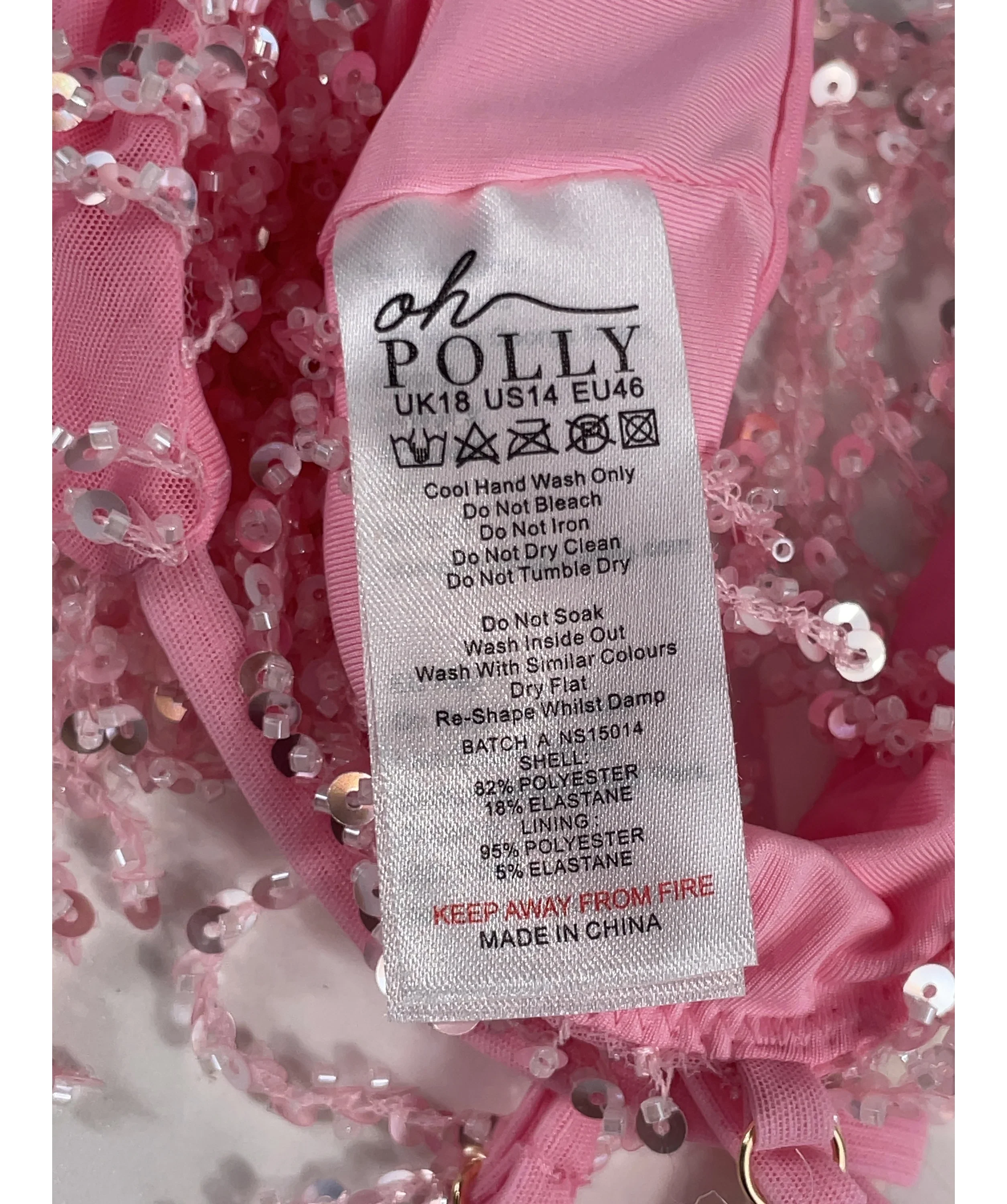 OH POLLY Pink Aerin Fringed Sequin Bralette Candyfloss Pink, size UK 18 — label