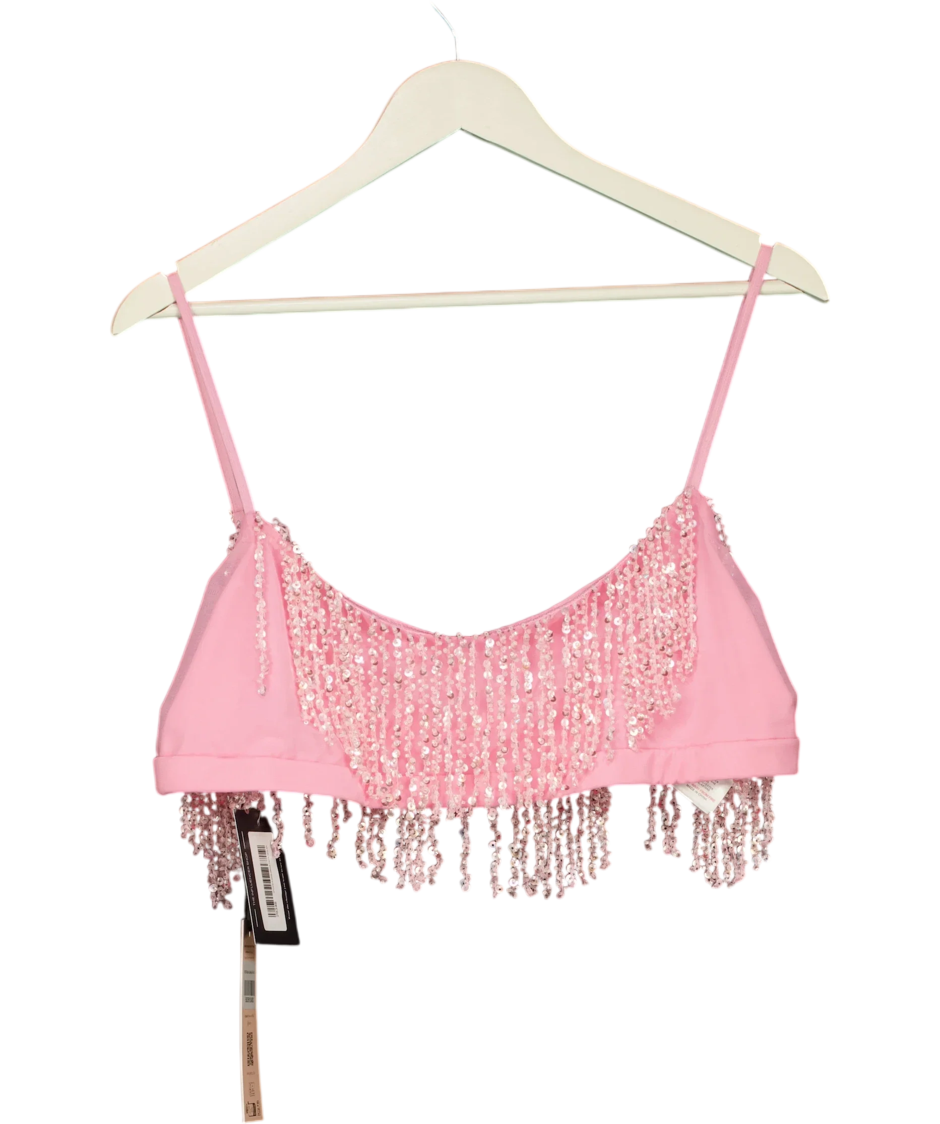 OH POLLY Pink Aerin Fringed Sequin Bralette Candyfloss Pink, size UK 18 — front