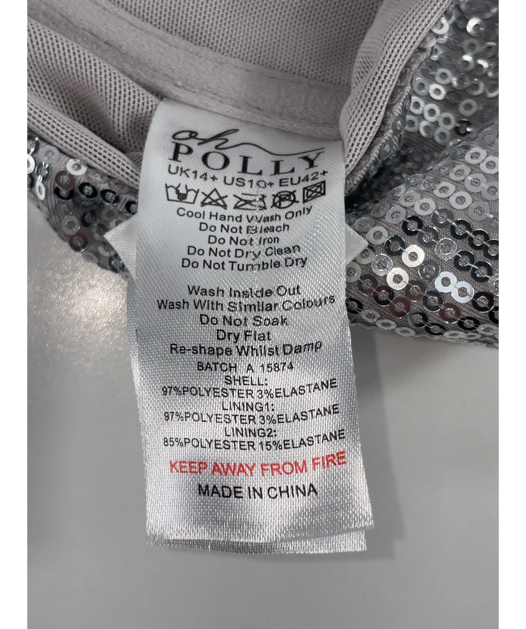 OH POLLY Metallic Amaris Premium Sequin Mesh Bralette in Silver 14+, size UK 14 — label