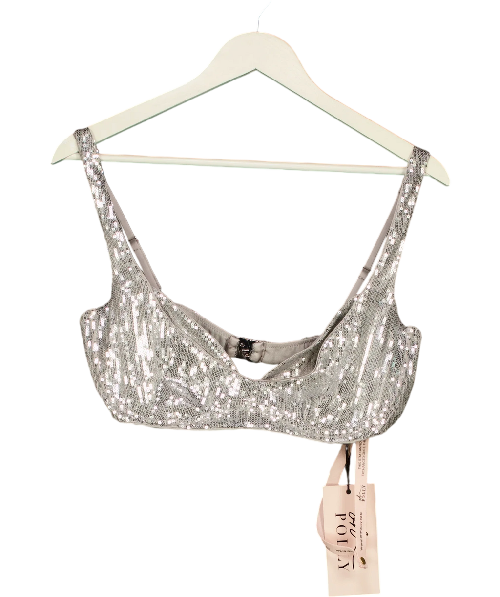 OH POLLY Metallic Amaris Premium Sequin Mesh Bralette in Silver 14+, size UK 14 — front