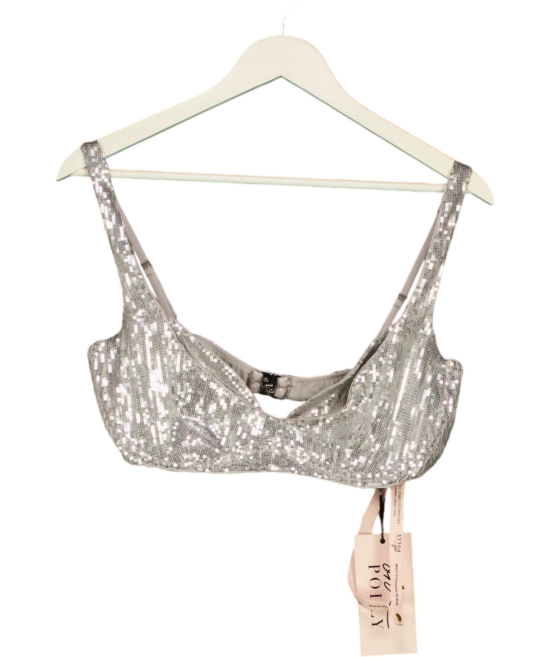 OH POLLY Metallic Amaris Premium Sequin Mesh Bralette in Silver 14+, size UK 14 — front