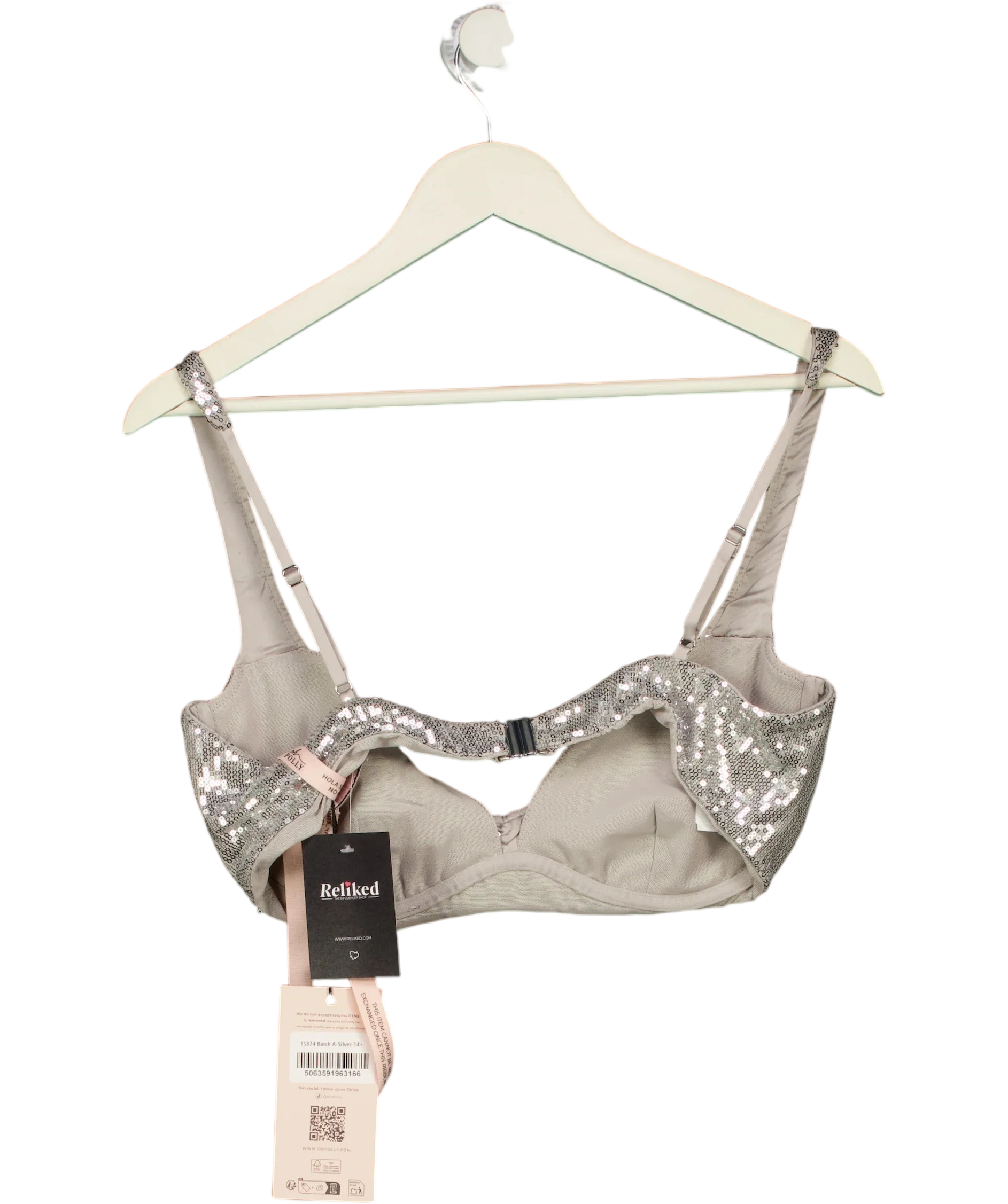 OH POLLY Metallic Amaris Premium Sequin Mesh Bralette in Silver 14+, size UK 14 — back