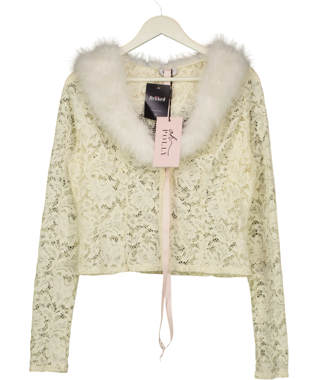 OH POLLY Cream Solaya Lace Faux-Fur-Trim Cardigan Ivory  CREAM, size UK XL — front