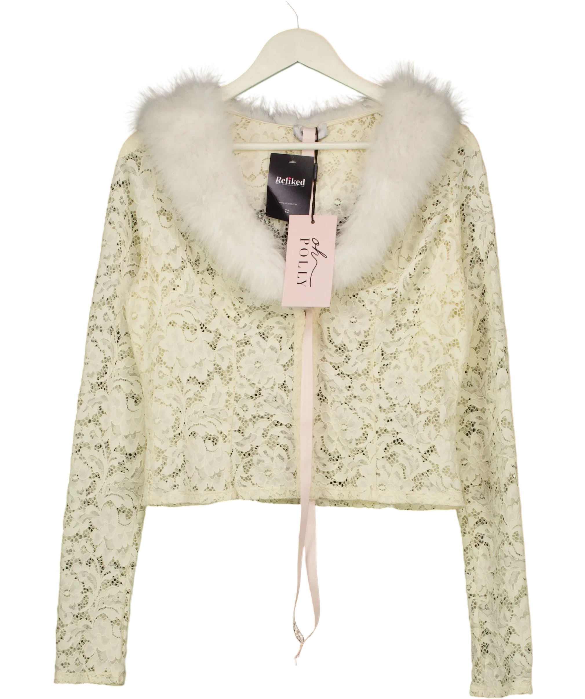 OH POLLY Cream Solaya Lace Faux-Fur-Trim Cardigan Ivory  CREAM, size UK XL — front
