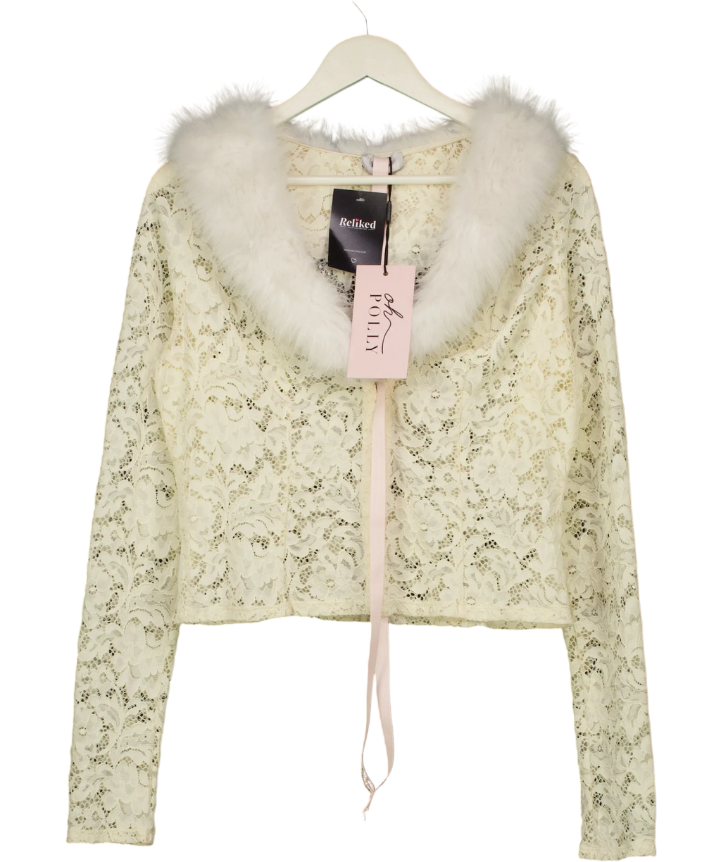 OH POLLY Cream Solaya Lace Faux-Fur-Trim Cardigan Ivory  CREAM, size UK XL — front