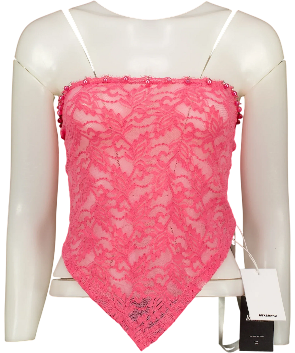 BBX BRAND Pink Pink Lace Bead Trim Bandeau Top — front
