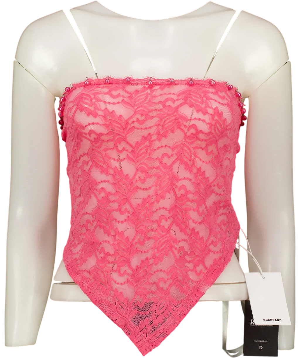 BBX BRAND Pink Pink Lace Bead Trim Bandeau Top — front