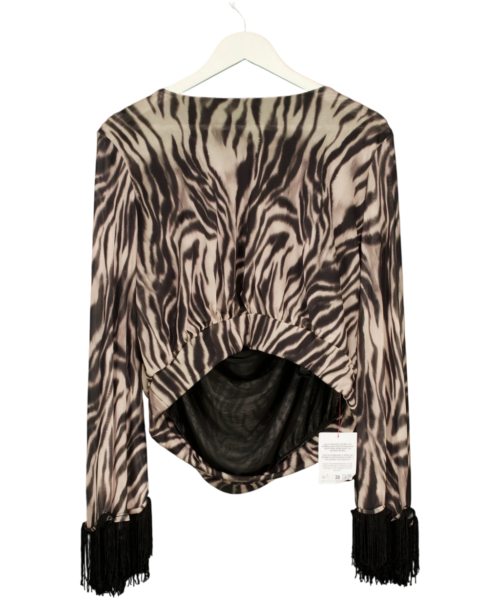 ASOS Black Fringed Angel Sleeve Zebra Top, size UK L — front