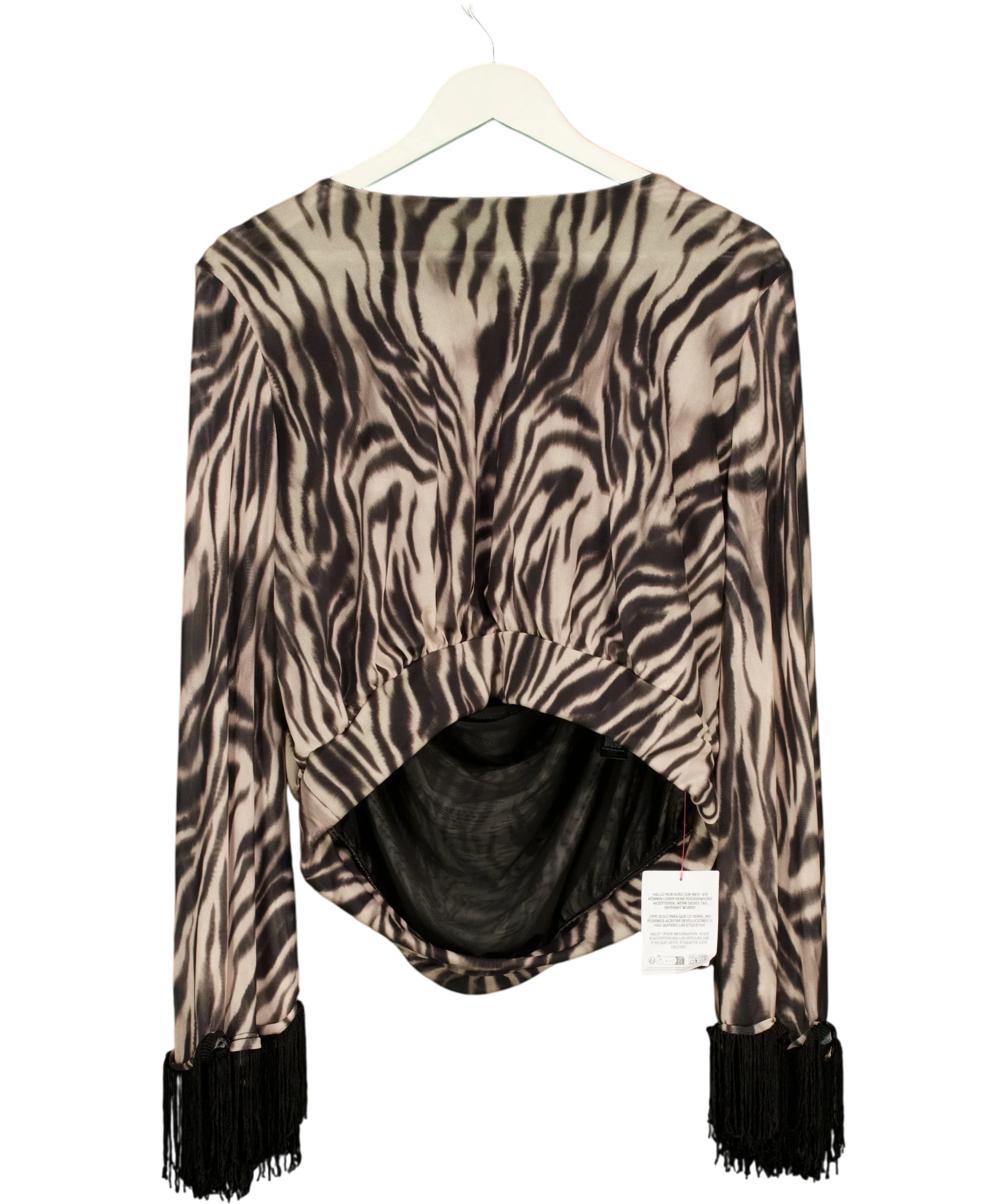 ASOS Black Fringed Angel Sleeve Zebra Top, size UK L — front