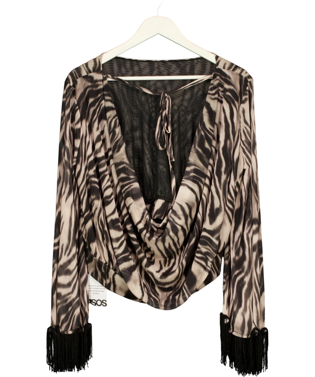 ASOS Black Fringed Angel Sleeve Zebra Top, size UK L — back