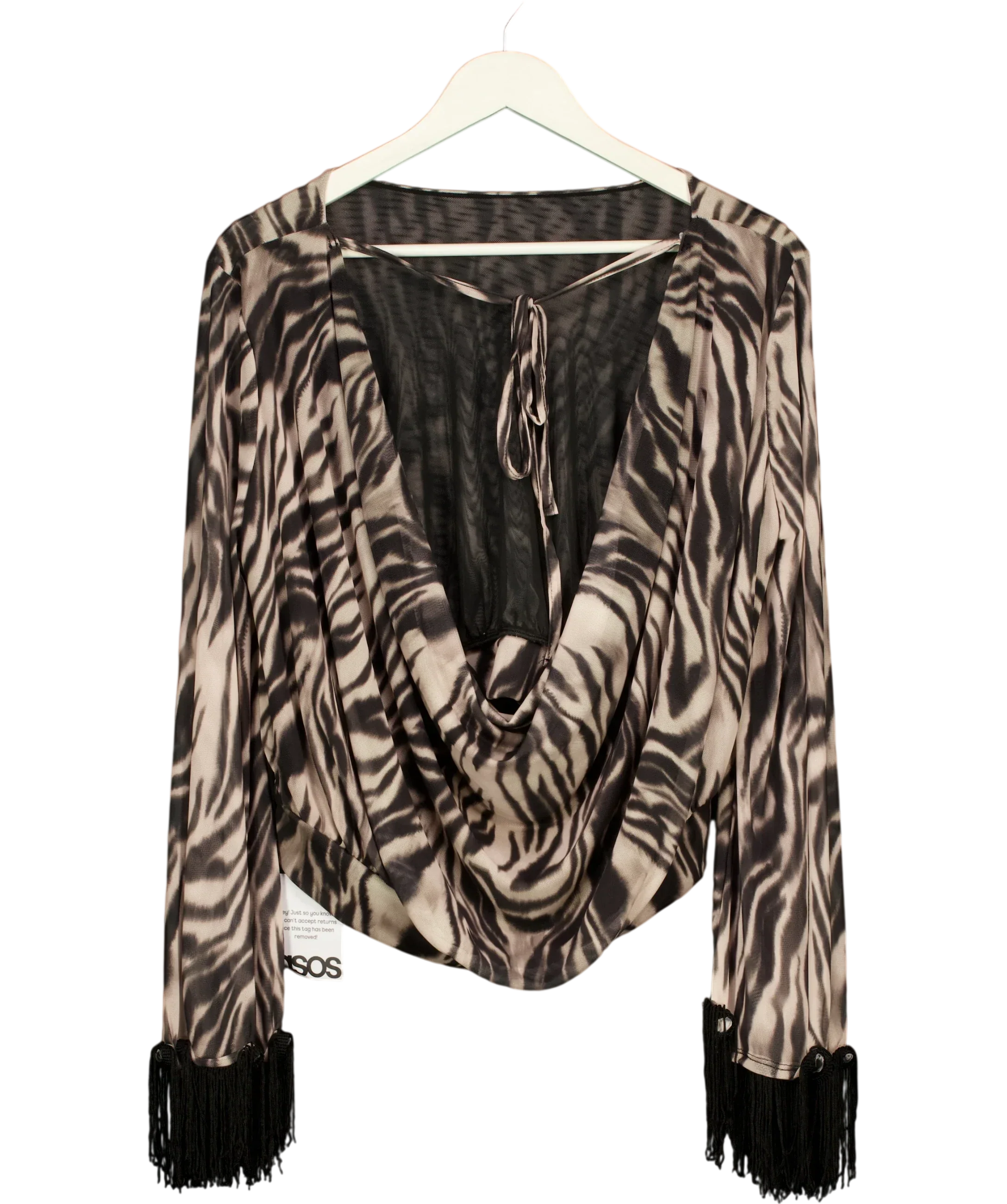 ASOS Black Fringed Angel Sleeve Zebra Top, size UK L — back