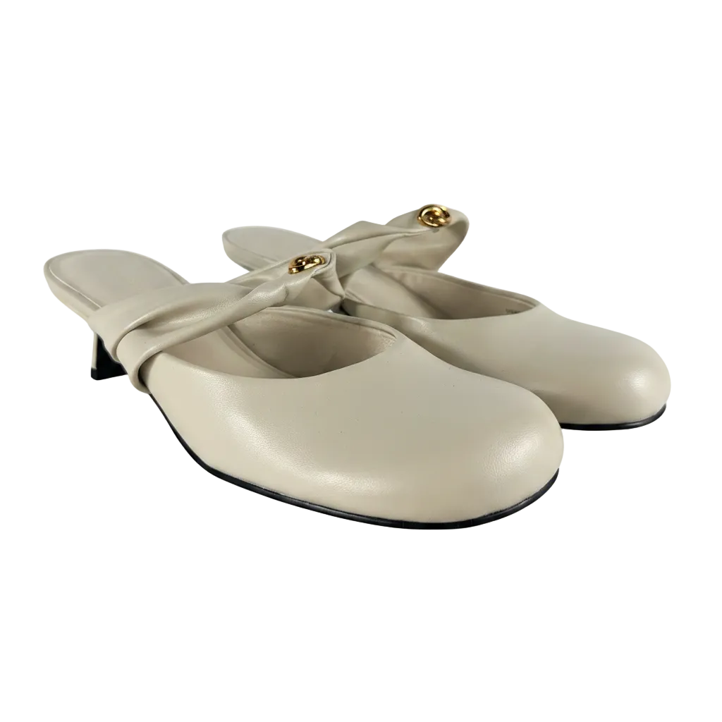 Charles & Keith Cream Metallic-Accent Twisted-Strap Heeled Mules Chalk  White, size UK 5 EU 38 👠 — front