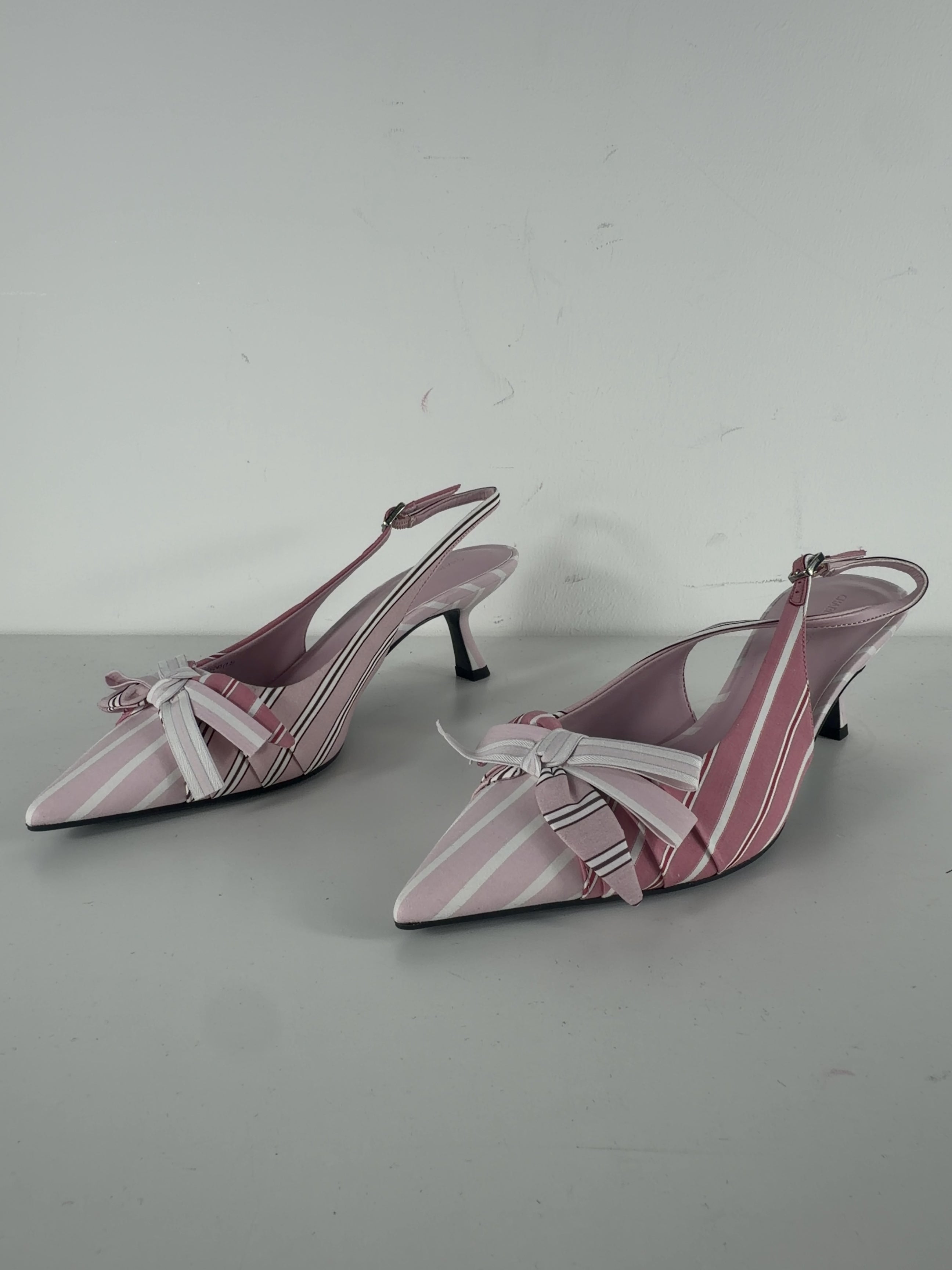 Charles & Keith Pink Striped Knot-Bow Pointed Slingback Pumps Pink, size UK 5 EU 38 👠 — label