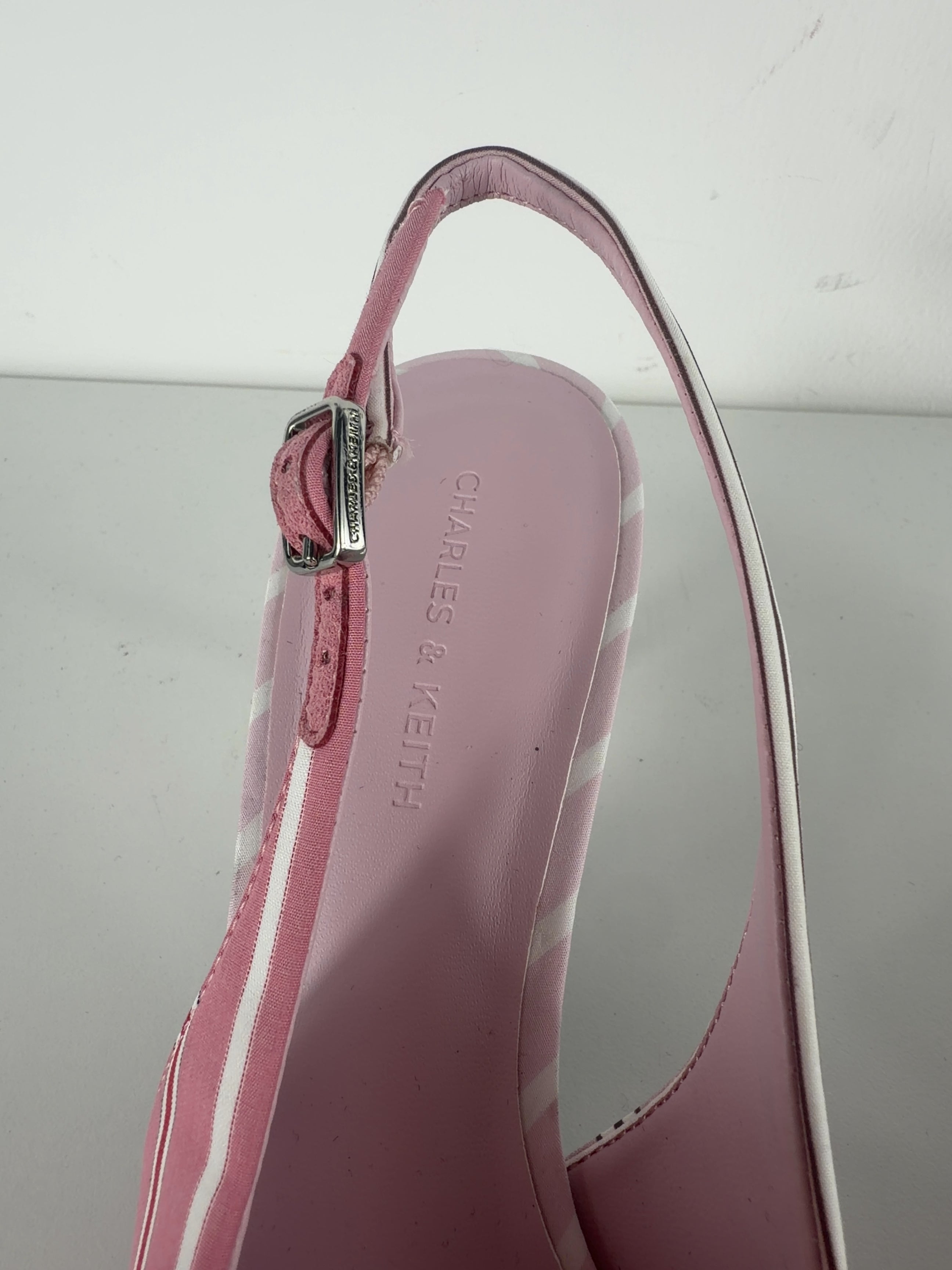 Charles & Keith Pink Striped Knot-Bow Pointed Slingback Pumps Pink, size UK 5 EU 38 👠 — care label
