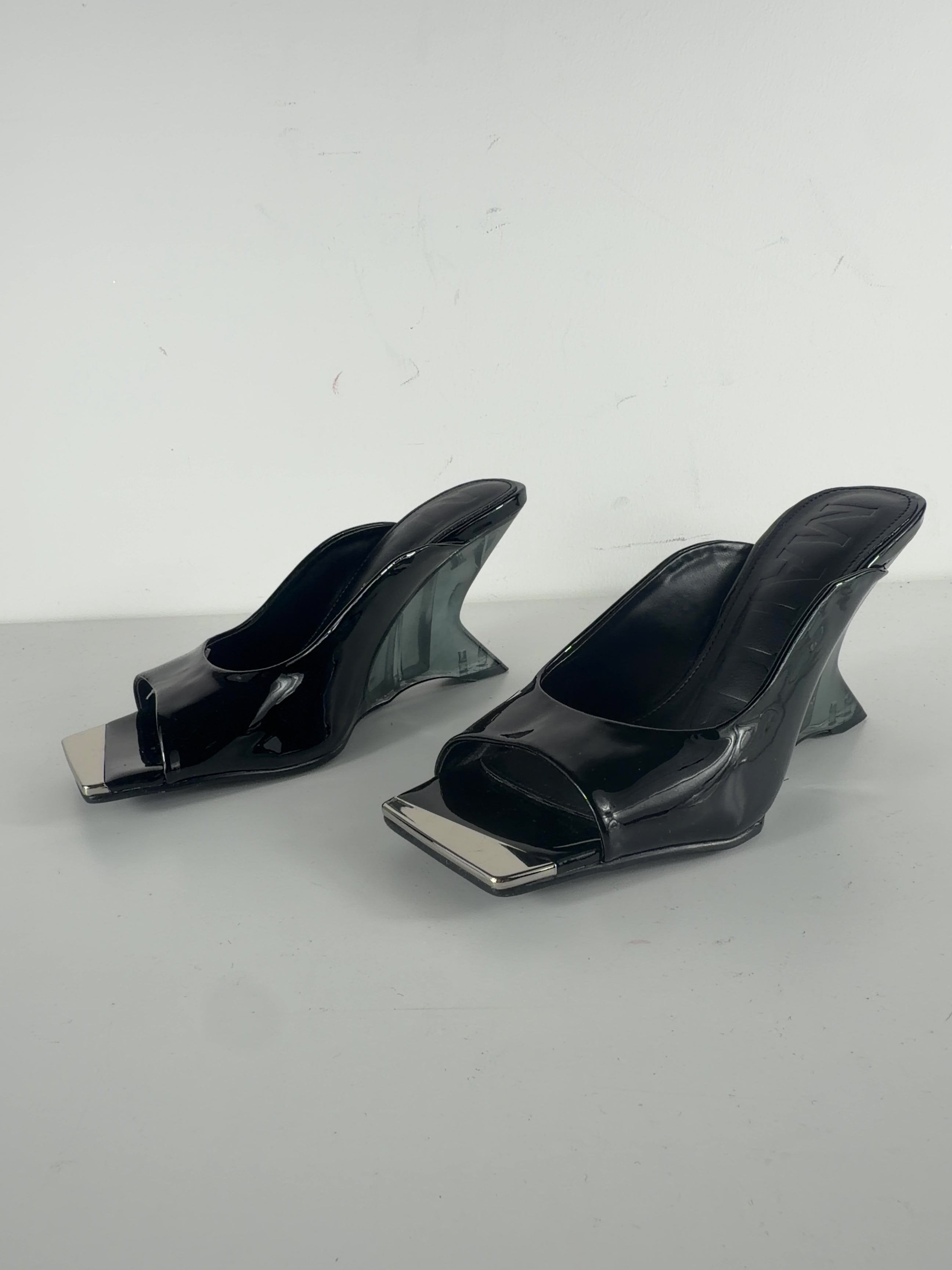 Mallet Black Amber Patent Wedge Sandals Black, size UK 5 EU 38 👠 — label