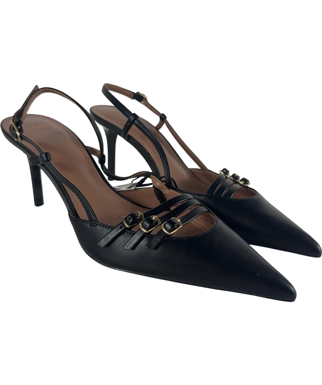 M&S Black Buckle Ankle Strap Stiletto Heel Court Shoes Black, size UK 5 EU 38 👠 — front