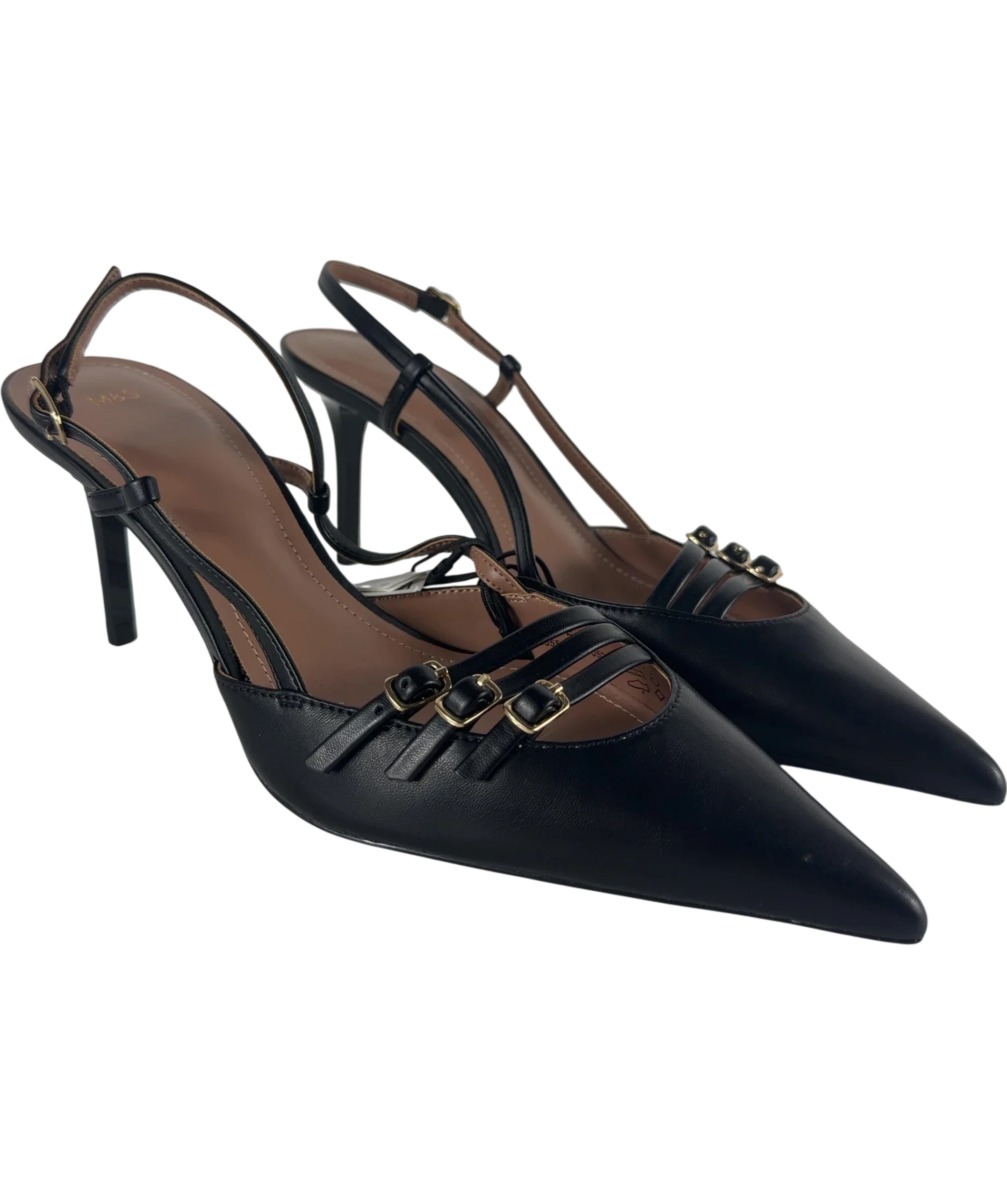 M&S Black Buckle Ankle Strap Stiletto Heel Court Shoes Black, size UK 5 EU 38 👠 — front