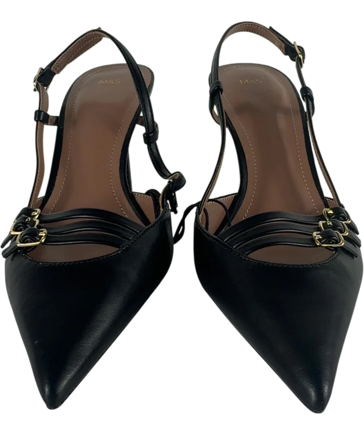 M&S Buckle Ankle Strap Stiletto Heel Court Shoes Black UK 5 EU 38 — Front (both, face on)