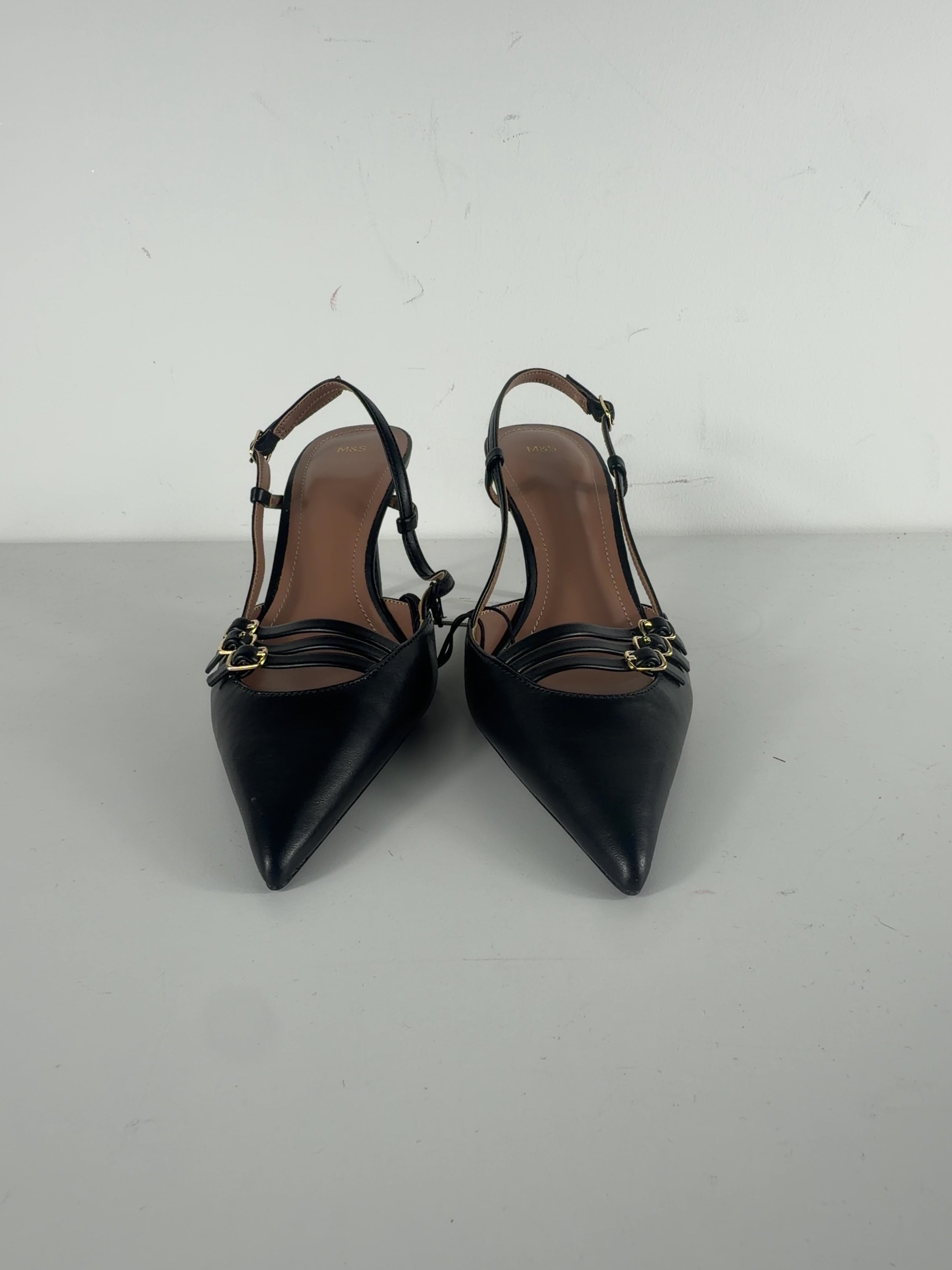 M&S Black Buckle Ankle Strap Stiletto Heel Court Shoes Black, size UK 5 EU 38 👠 — detail