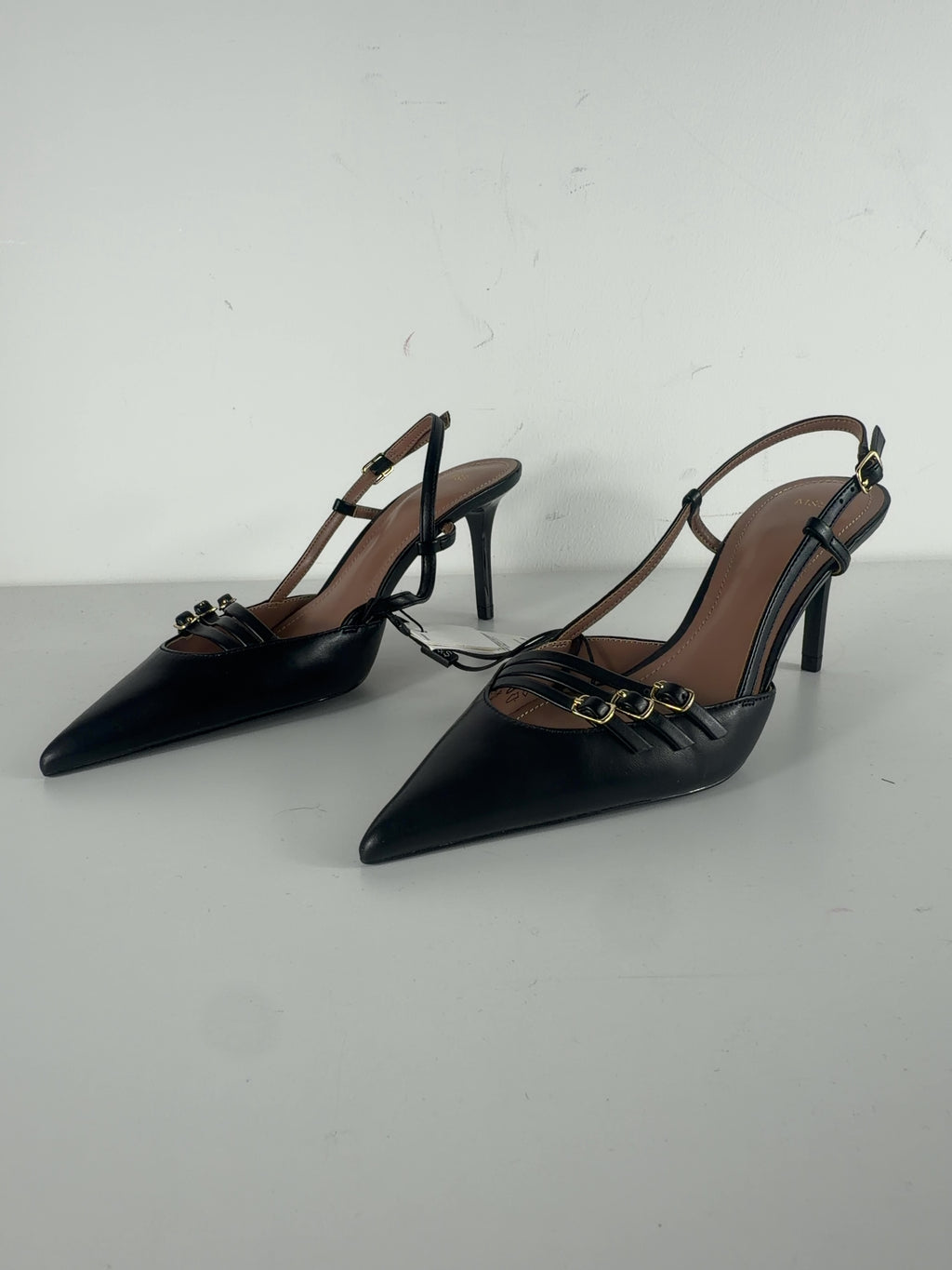 M&S Black Buckle Ankle Strap Stiletto Heel Court Shoes Black, size UK 5 EU 38 👠 — label