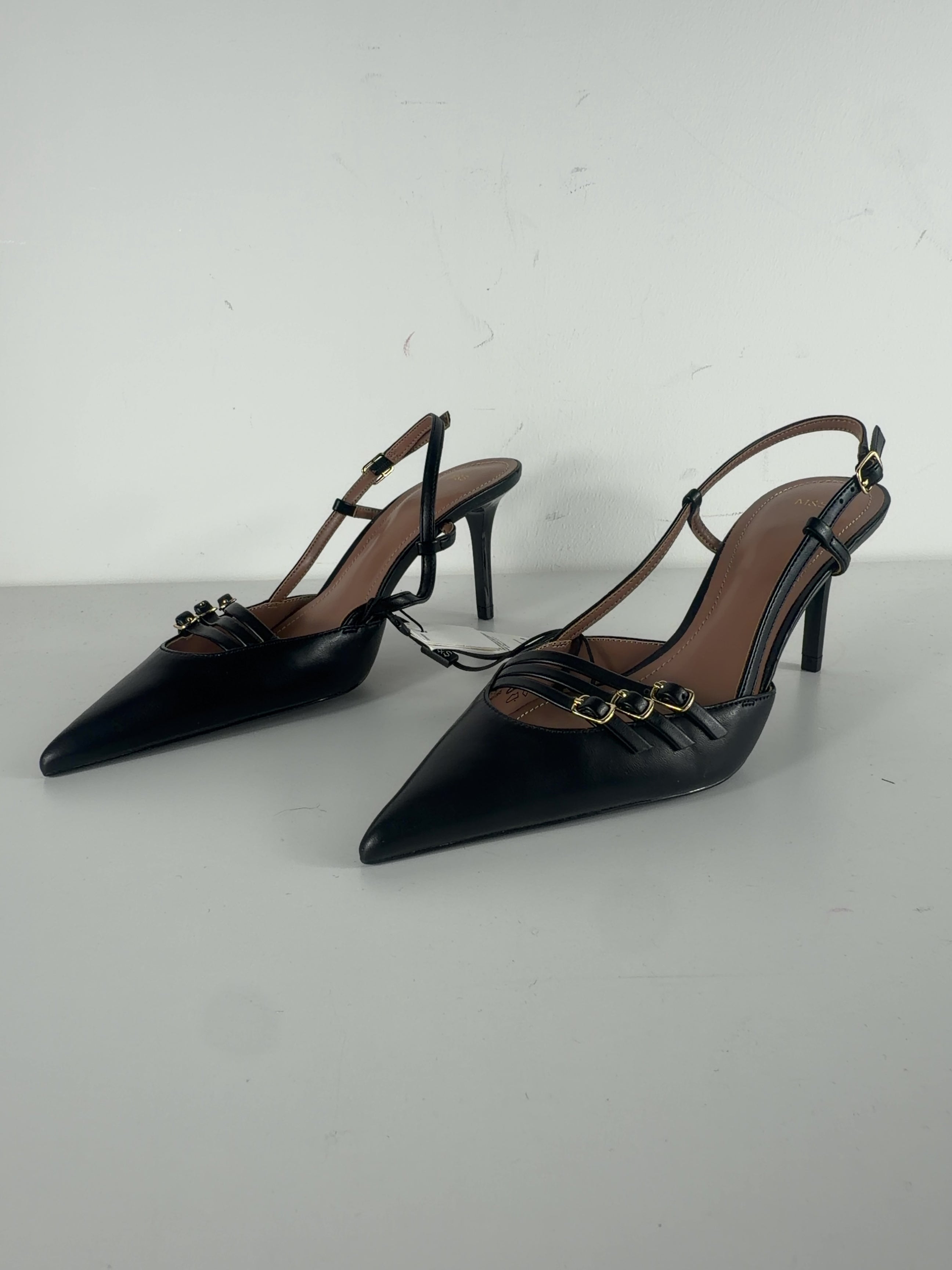 M&S Black Buckle Ankle Strap Stiletto Heel Court Shoes Black, size UK 5 EU 38 👠 — label