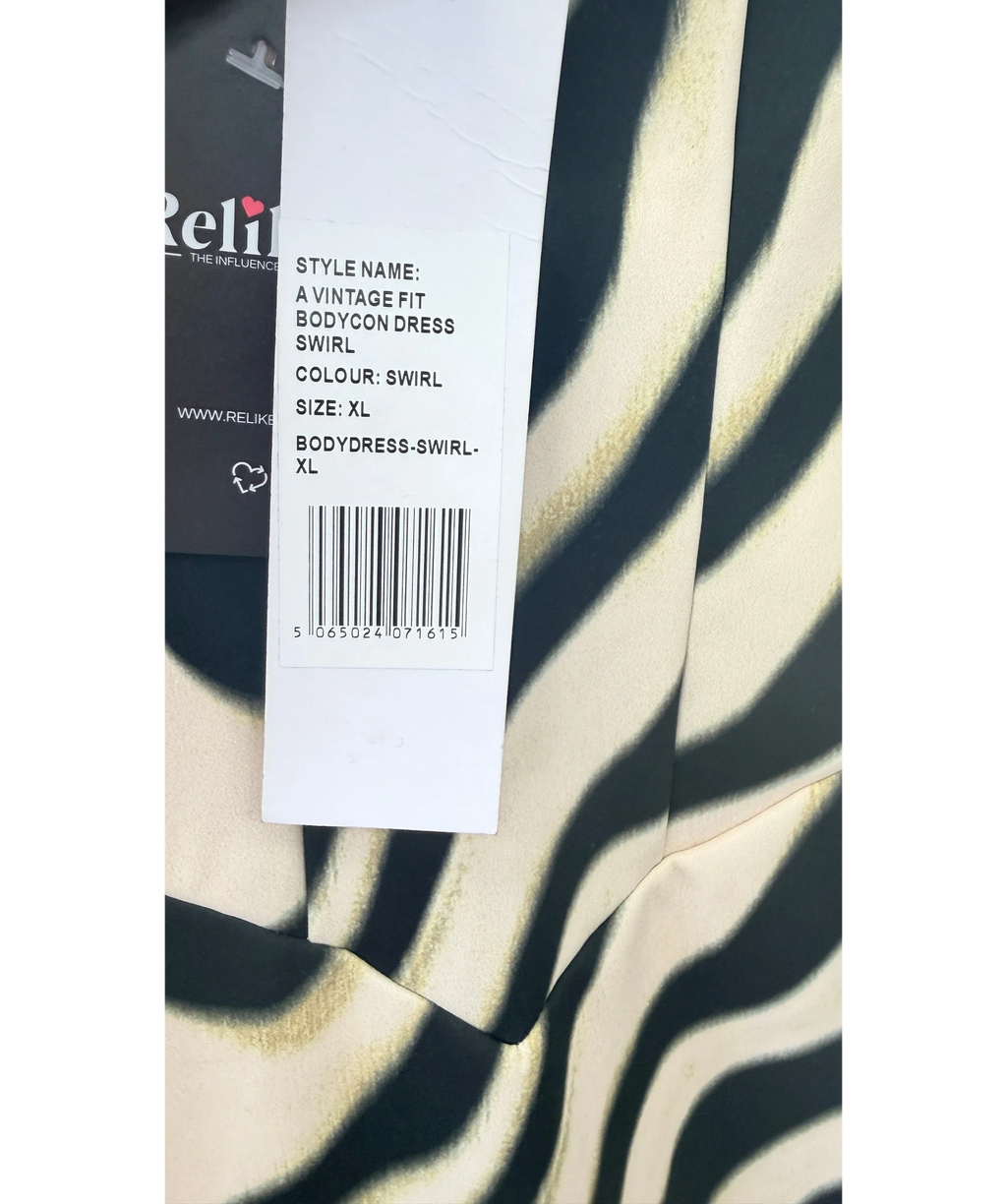 A VINTAGE FIT Cream CREAM MIX Bodycon Dress Swirl, size UK XL — label