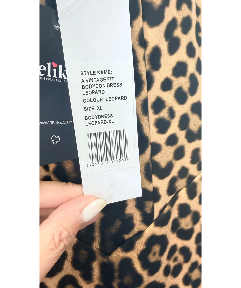 A VINTAGE FIT Brown Bodycon Dress Leopard, size UK XL — label