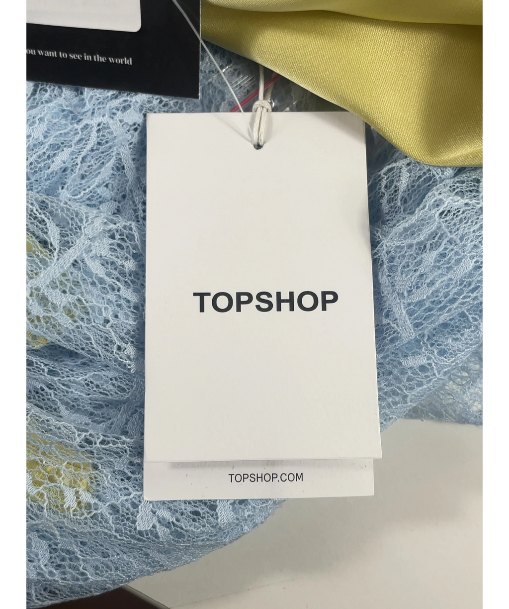 TOPSHOP Yellow Satin Halter Neck Lace Hem Occasion Maxi Dress in Lime and Blue, size UK 16 — detail