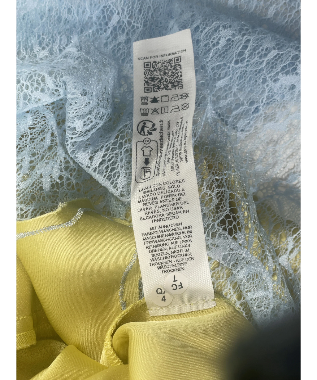 TOPSHOP Yellow Satin Halter Neck Lace Hem Occasion Maxi Dress in Lime and Blue, size UK 16 — label