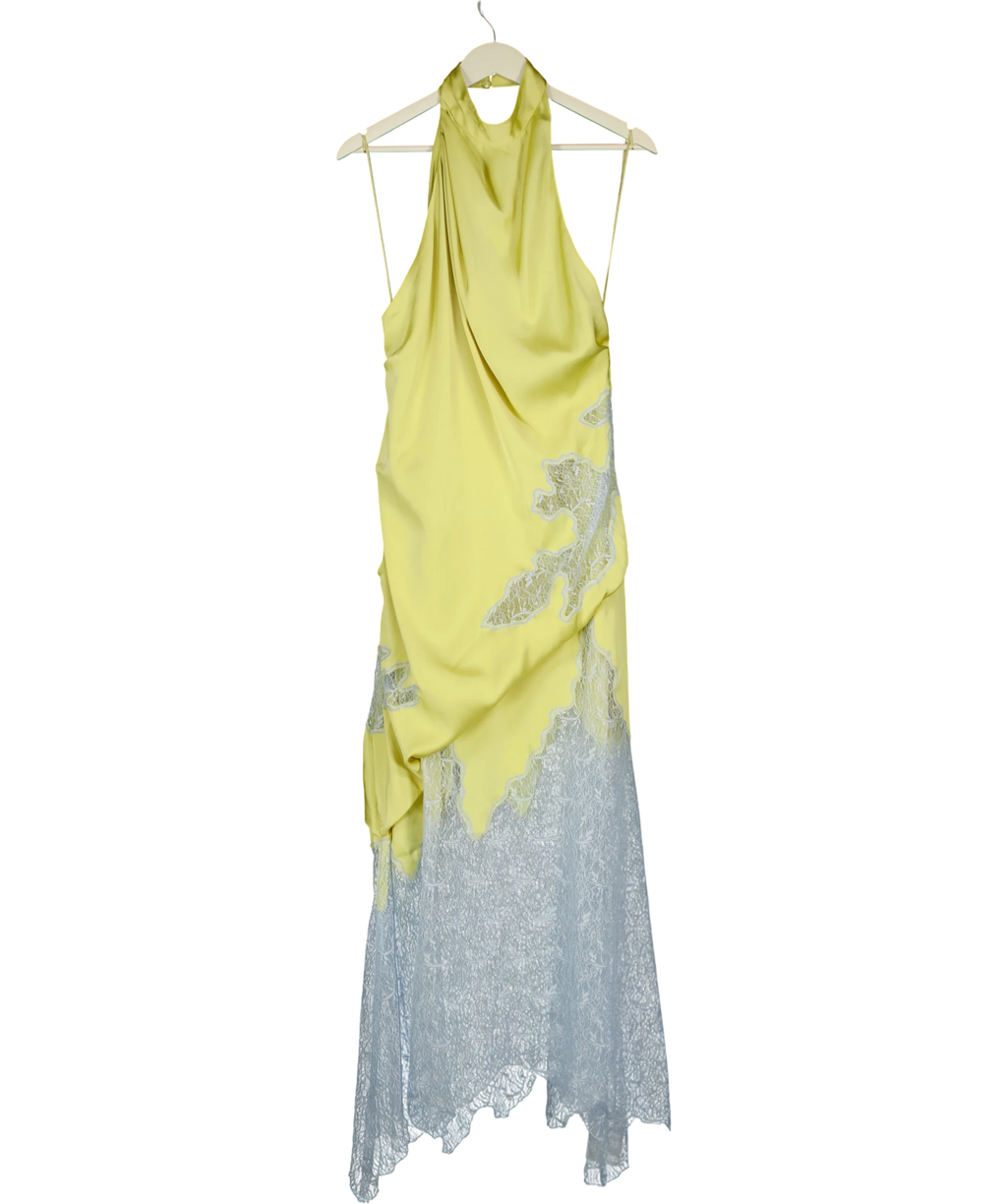 TOPSHOP Yellow Satin Halter Neck Lace Hem Occasion Maxi Dress in Lime and Blue, size UK 16 — front