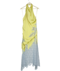 TOPSHOP Yellow Satin Halter Neck Lace Hem Occasion Maxi Dress in Lime and Blue, size UK 16 — front