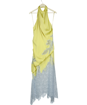 TOPSHOP Yellow Satin Halter Neck Lace Hem Occasion Maxi Dress In Lime And Blue UK 16