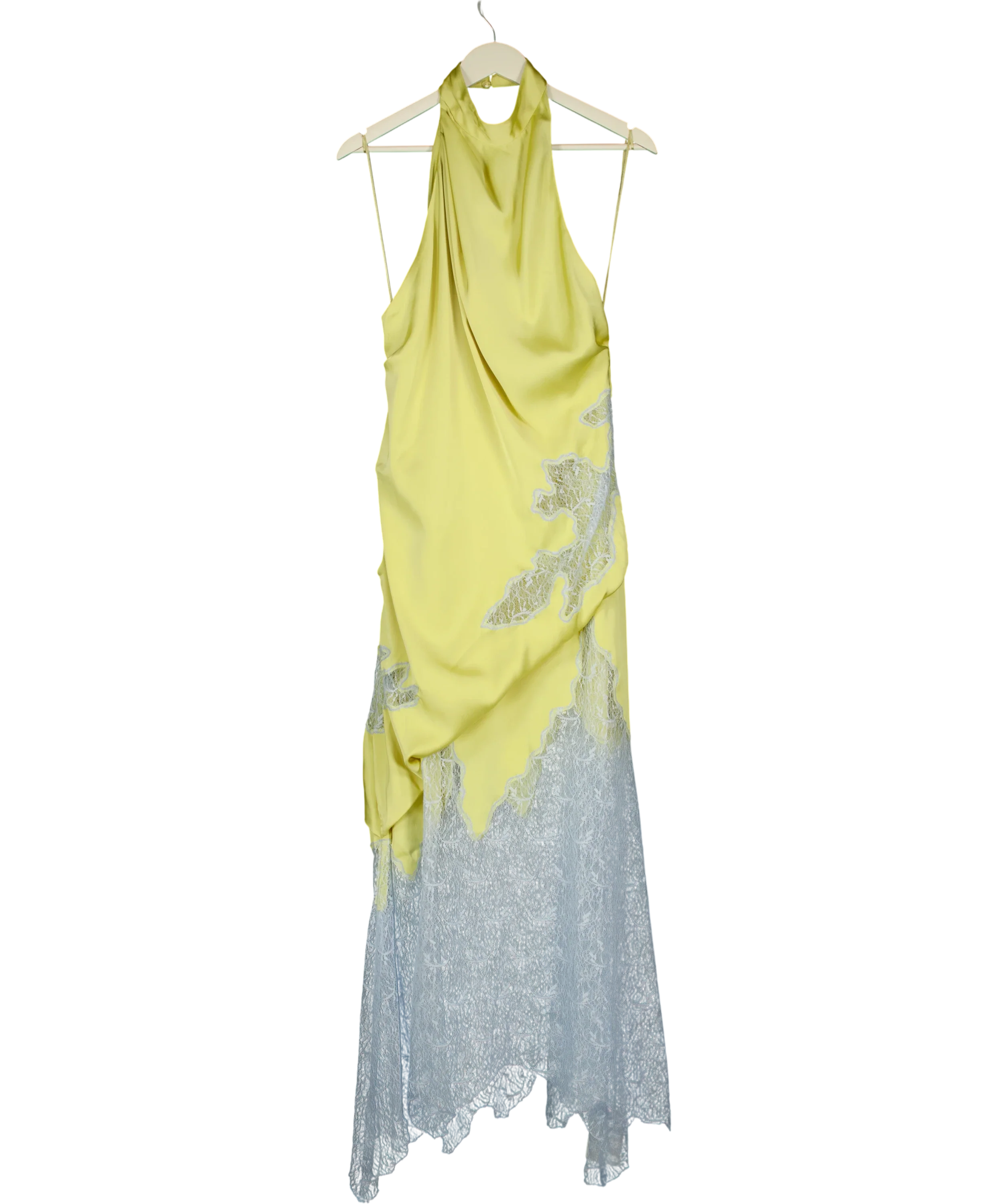 TOPSHOP Yellow Satin Halter Neck Lace Hem Occasion Maxi Dress in Lime and Blue, size UK 16 — front