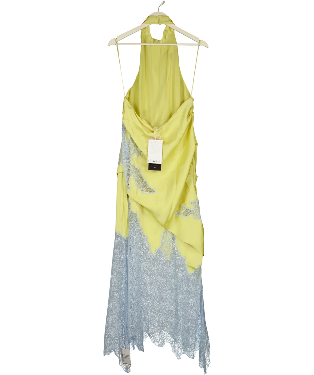 TOPSHOP Yellow Satin Halter Neck Lace Hem Occasion Maxi Dress in Lime and Blue, size UK 16 — back