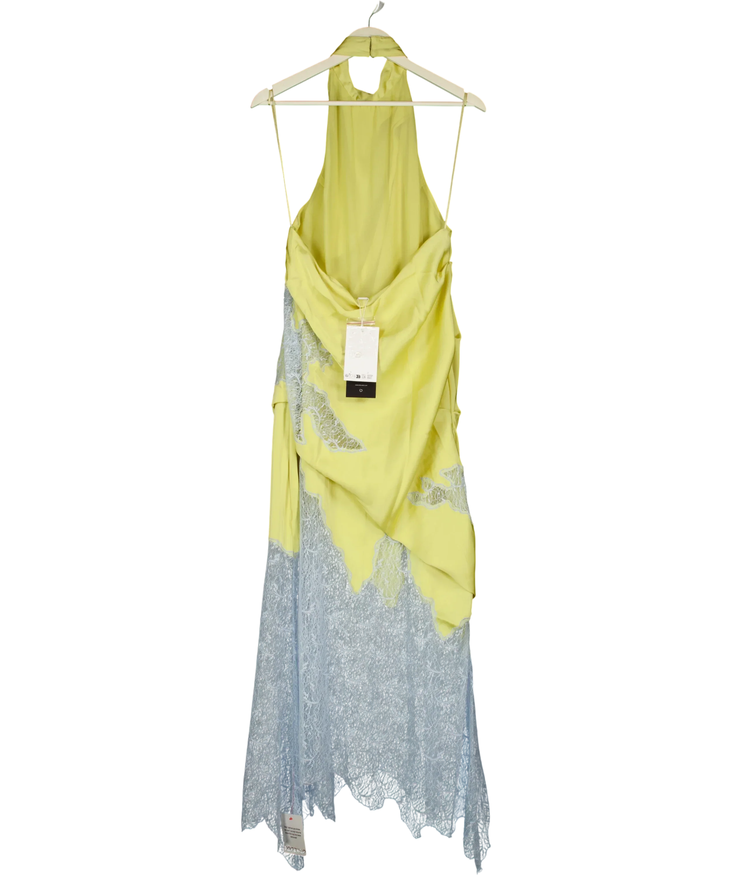 TOPSHOP Yellow Satin Halter Neck Lace Hem Occasion Maxi Dress in Lime and Blue, size UK 16 — back