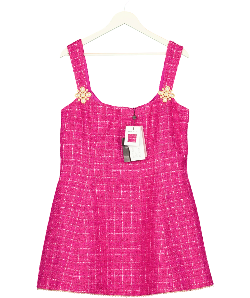 Nadine Merabi Pink Isla Pink Check Bouclé-Tweed Mini Dress, size UK 18 — front