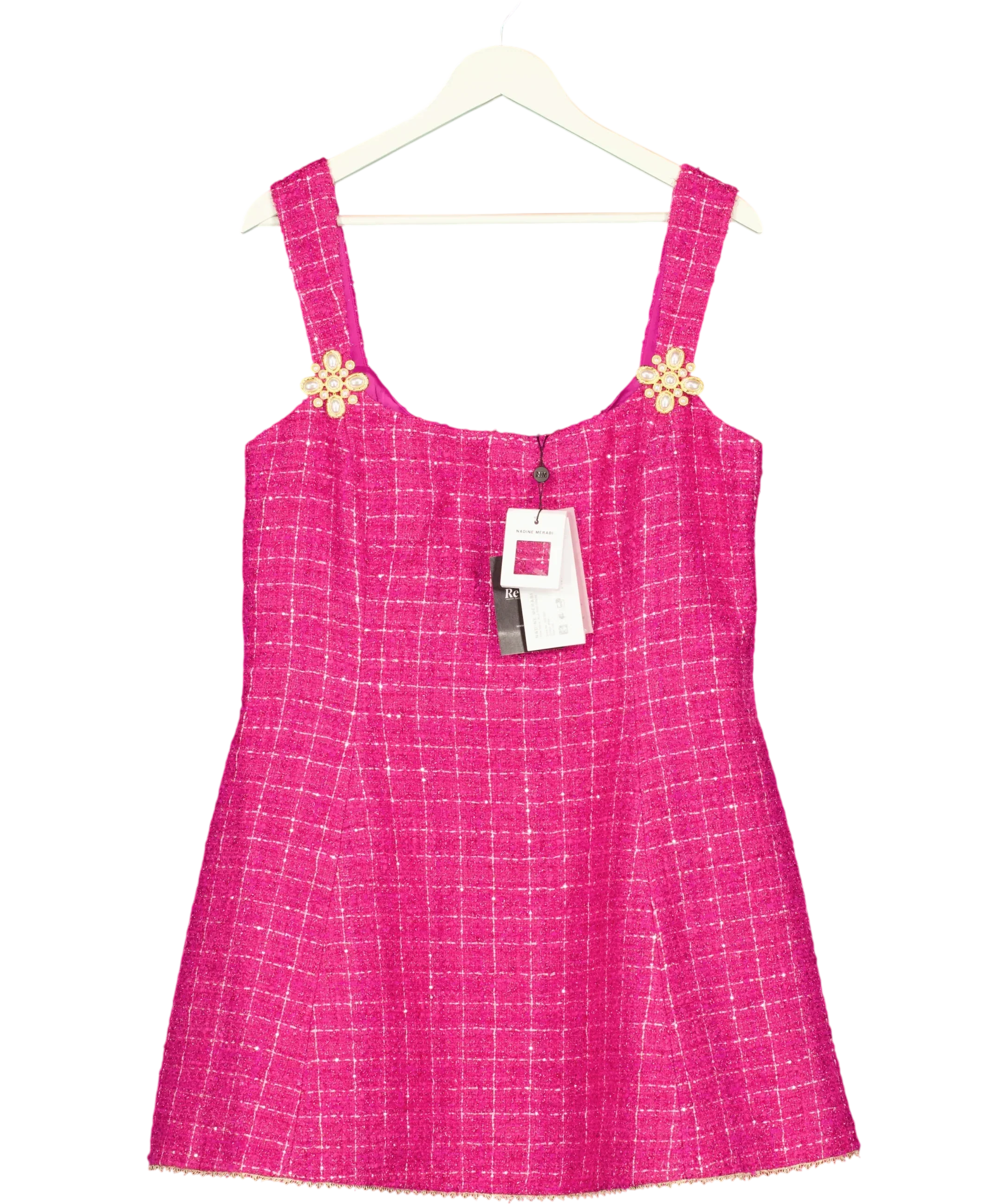 Nadine Merabi Pink Isla Pink Check Bouclé-Tweed Mini Dress, size UK 18 — front