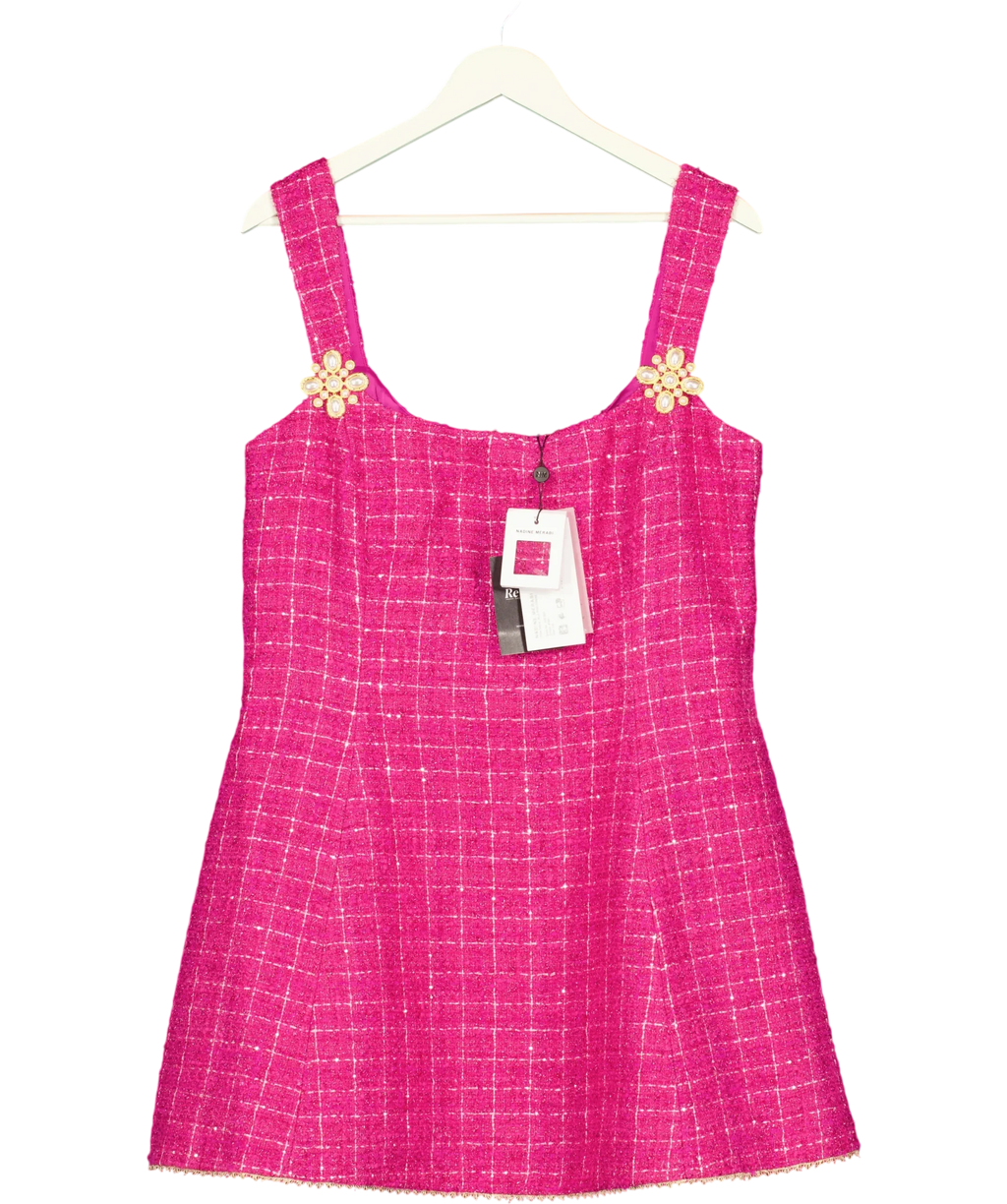 Nadine Merabi Pink Isla Pink Check Bouclé-Tweed Mini Dress, size UK 18 — front