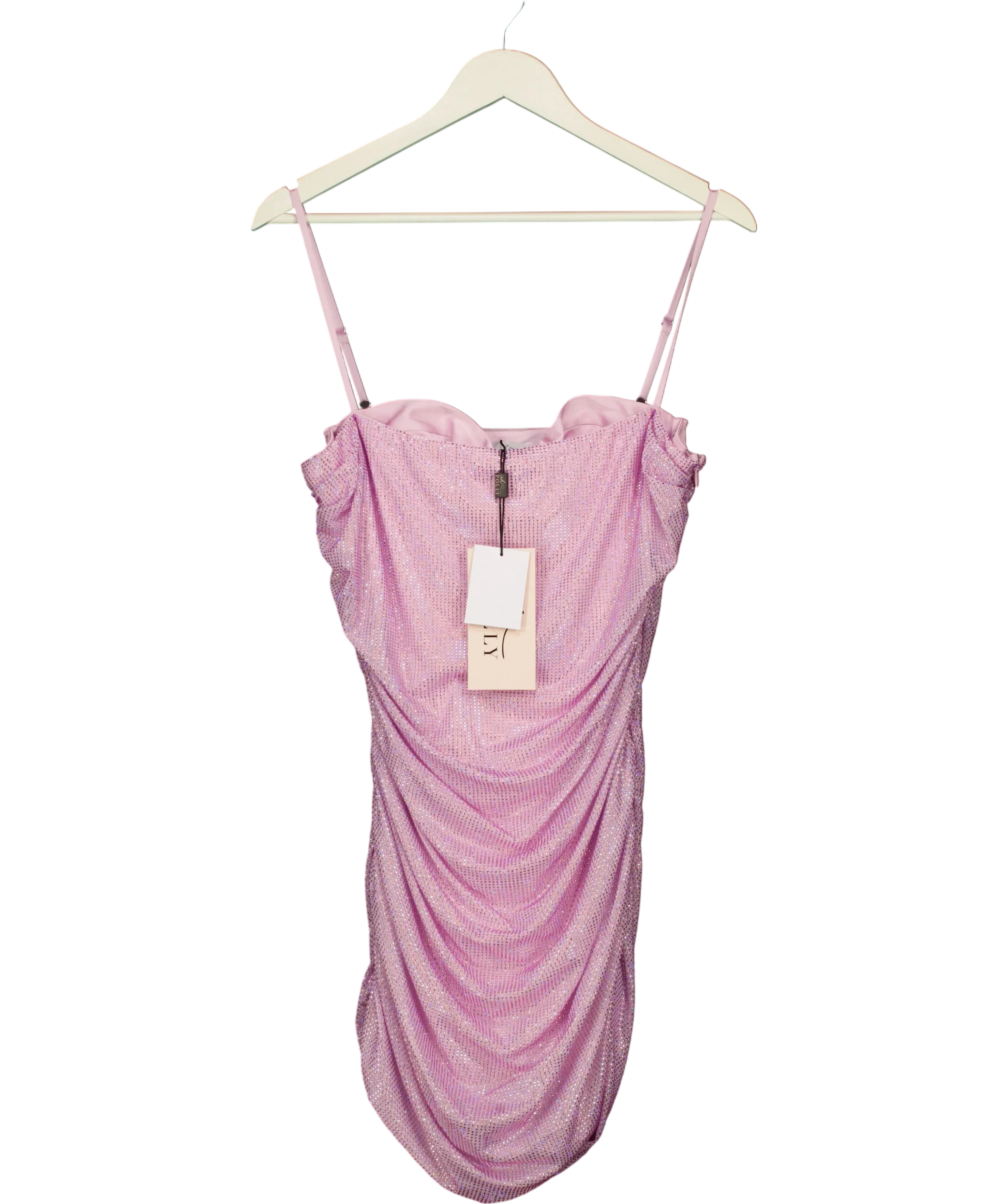 OH POLLY Purple Neréa Embellished Ruched Peekaboo Mini Dress, size UK 16 — front