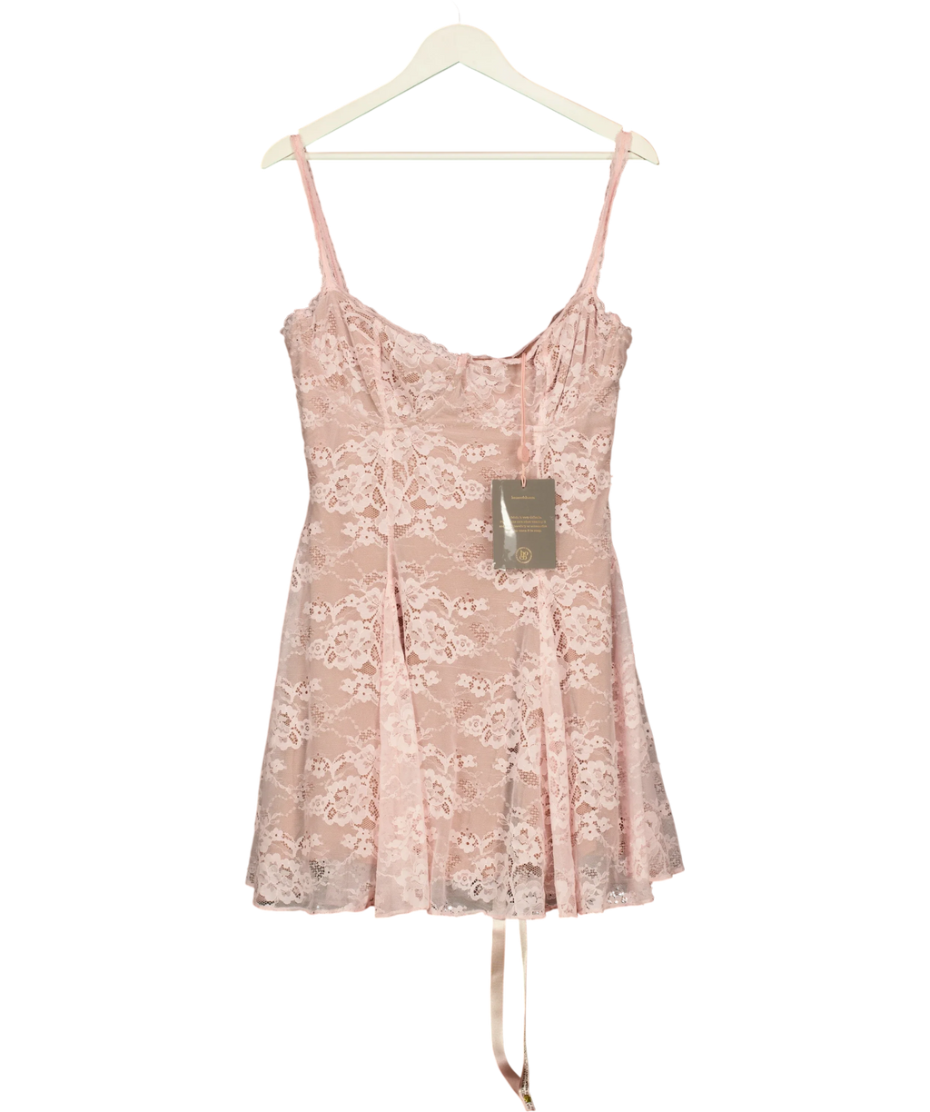 House of CB Pink Alice Perfectly Pink Lace Mini Dress L+, size UK L — front