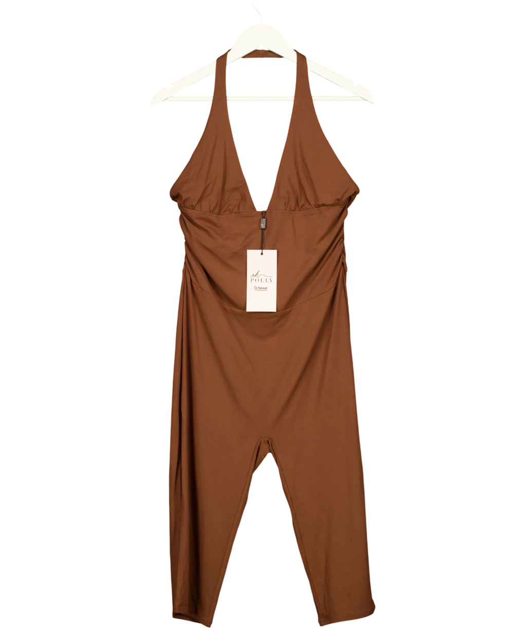 OH POLLY Brown Wynn Modal Plunge Halterneck Capri Jumpsuit, size UK XXL — front